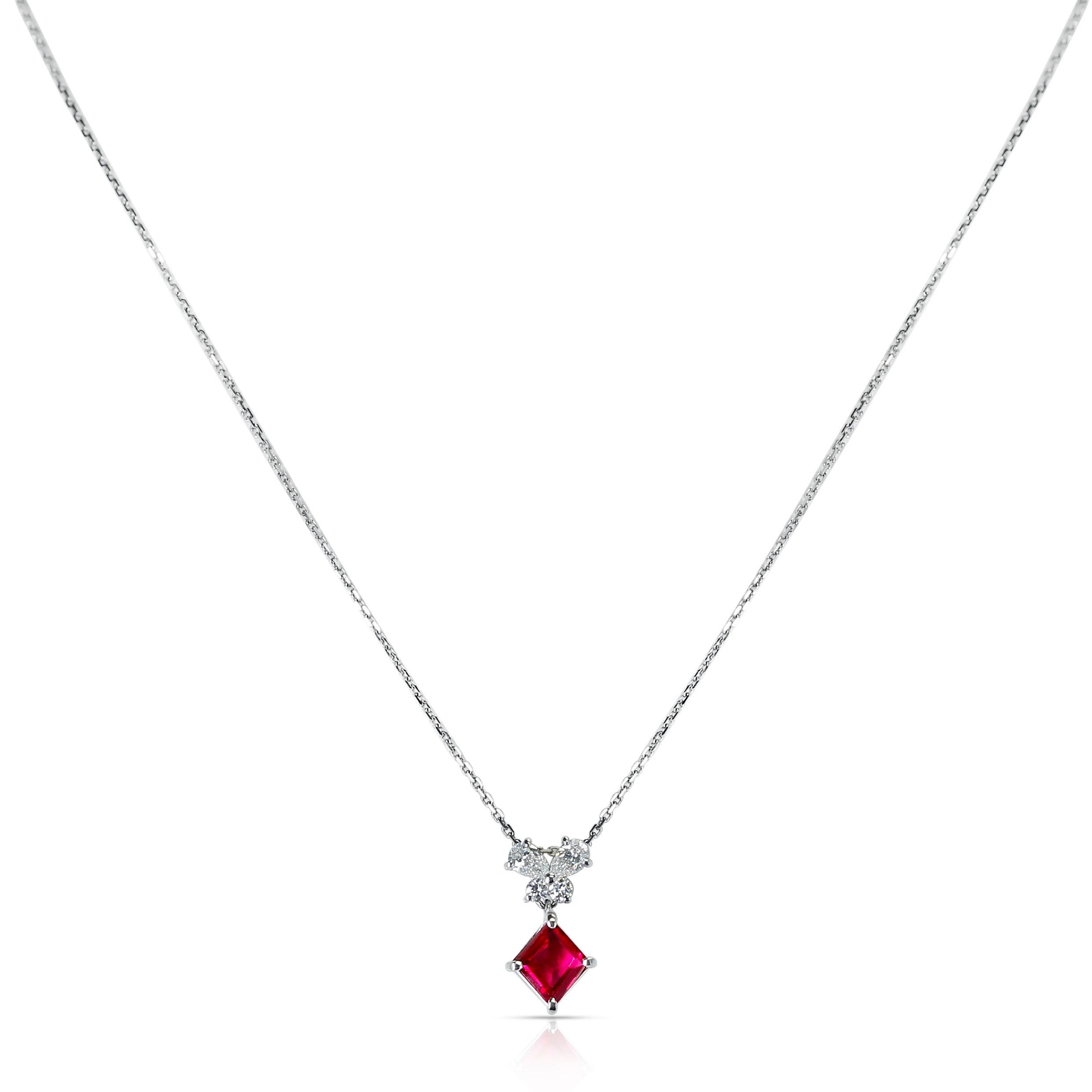 A 0.94 ct. Ruby and 0.32 ct. Diamonds Pendant Necklace made in Platinum. The total weight of the necklace is 3.82 grams. 
