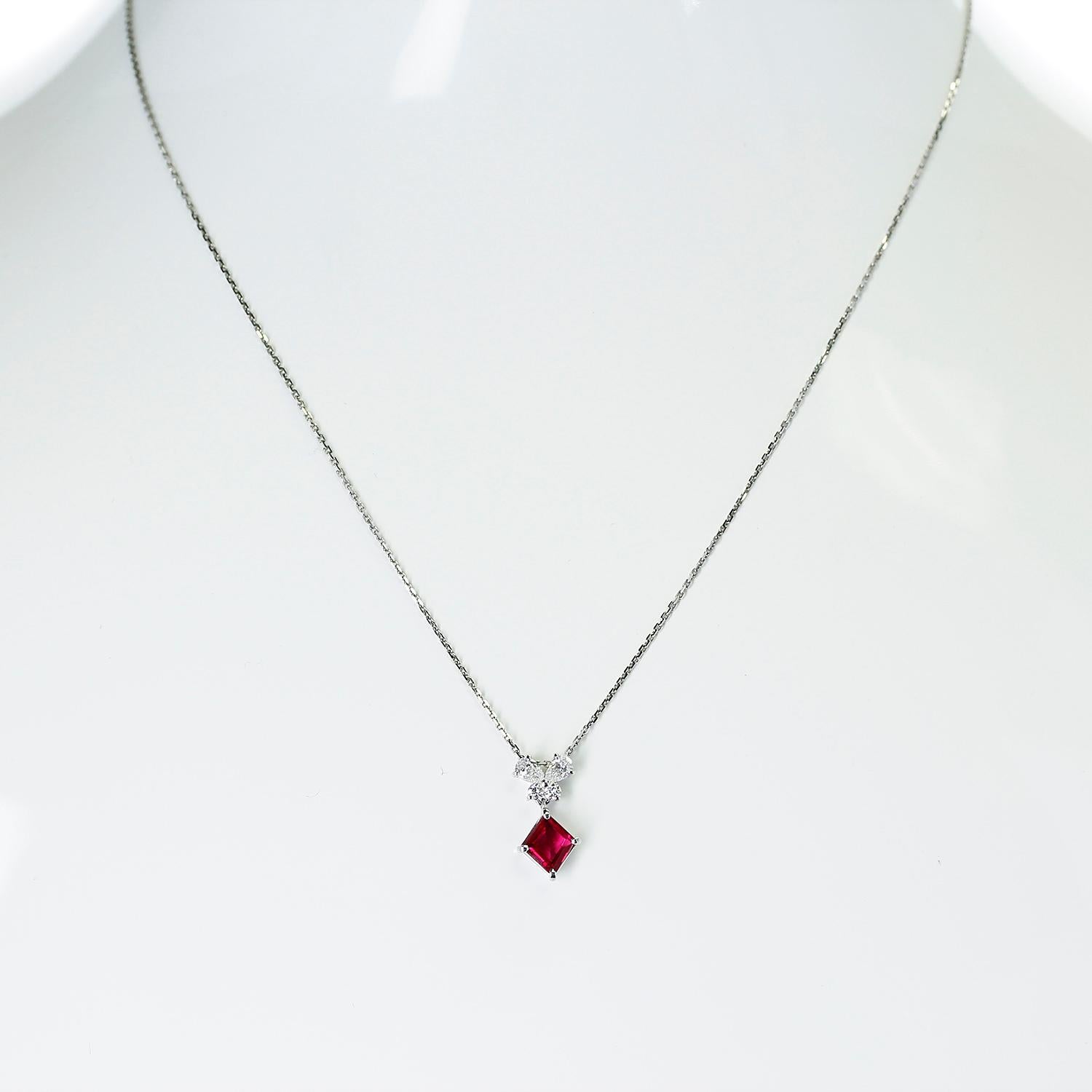 Square Cut 0.94 Ct. Ruby and 0.32 Ct. Diamonds Pendant Necklace, Platinum For Sale
