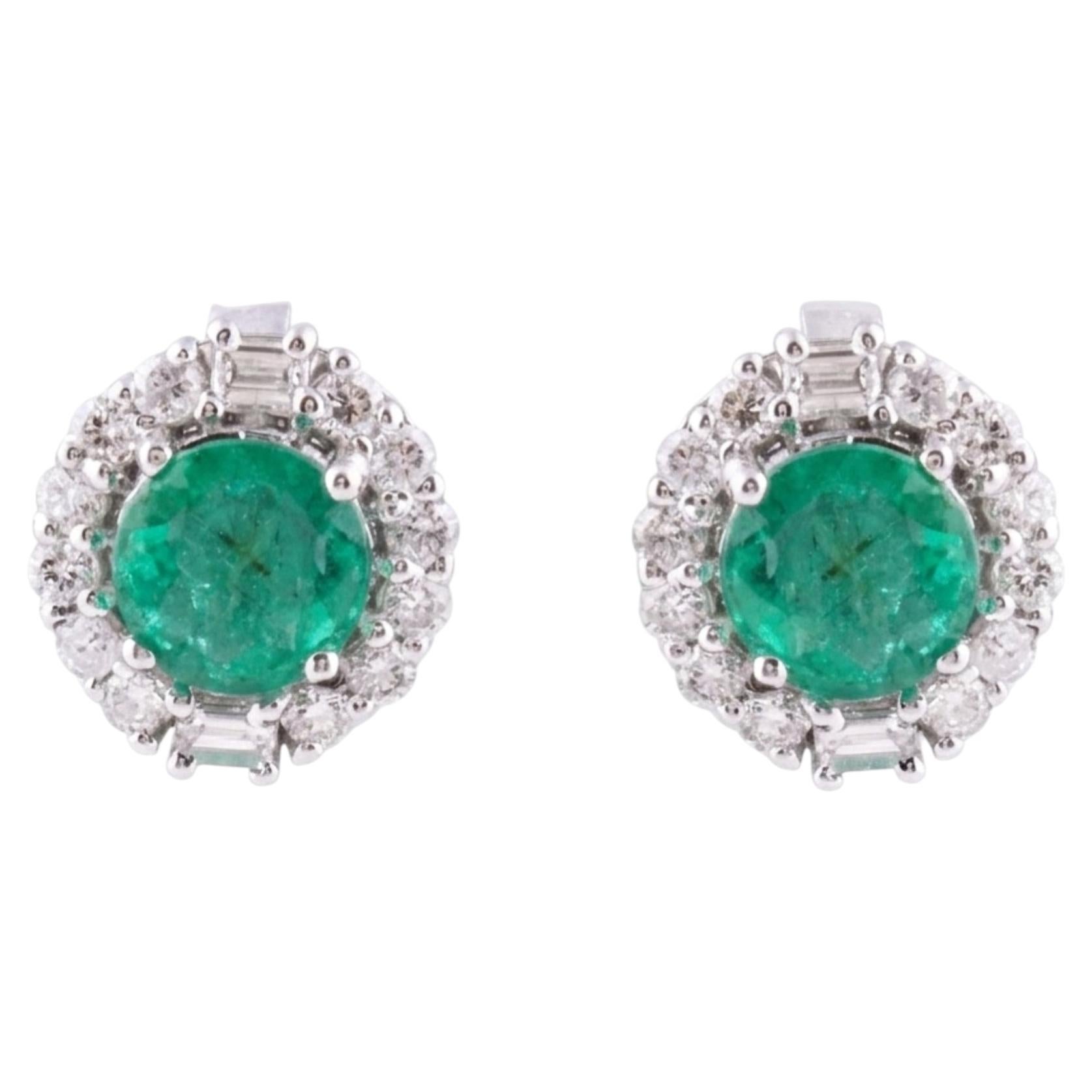 0.94 CTW Round Zambian Emerald Diamond Halo Studs 18 Karat White Gold Earrings