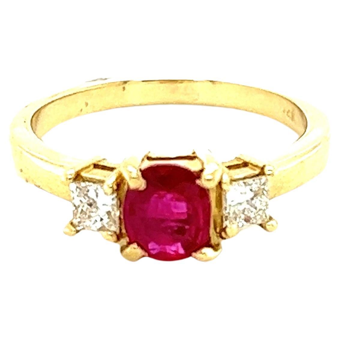 0.94 Ruby Diamond 14 Karat Yellow Gold Three Stone Ring For Sale