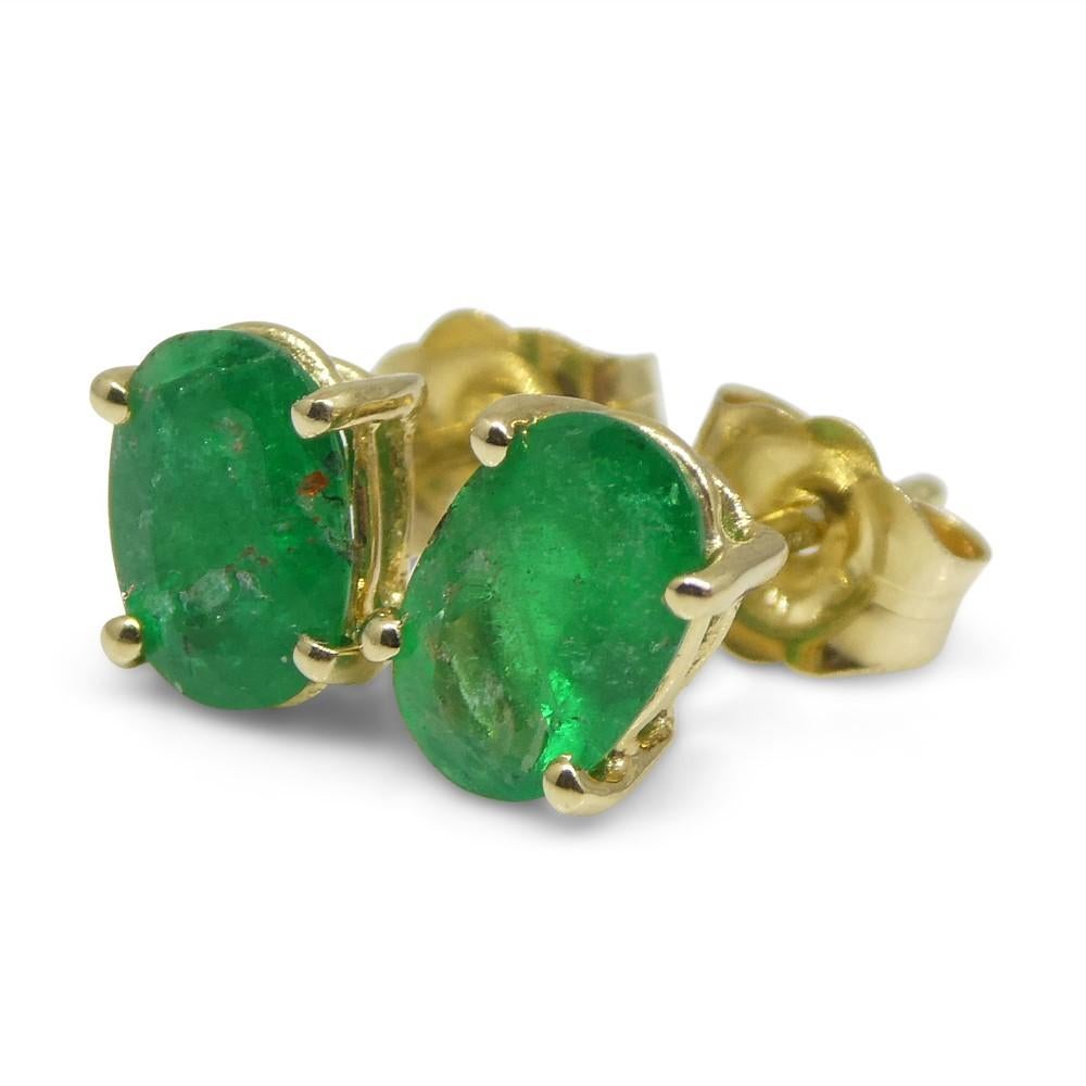 0.94ct Oval Green Colombian Emerald Stud Earrings set in 14k Yellow Gold For Sale 6