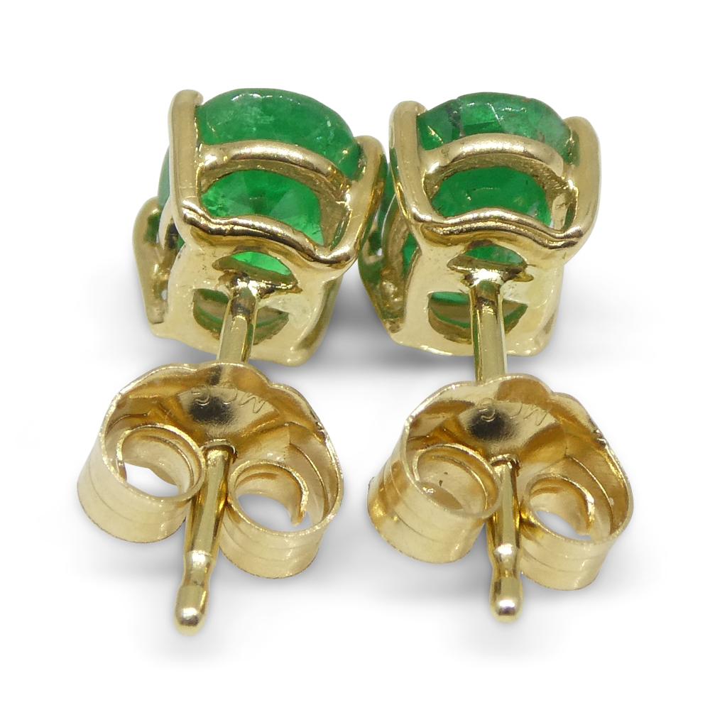 Women's or Men's 0.94ct Oval Green Colombian Emerald Stud Earrings set in 14k Yellow Gold For Sale