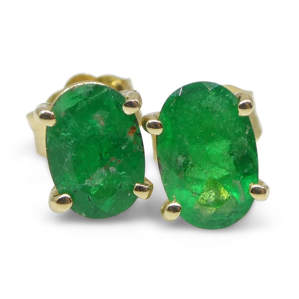 0.94ct Oval Green Colombian Emerald Stud Earrings set in 14k Yellow Gold For Sale 3
