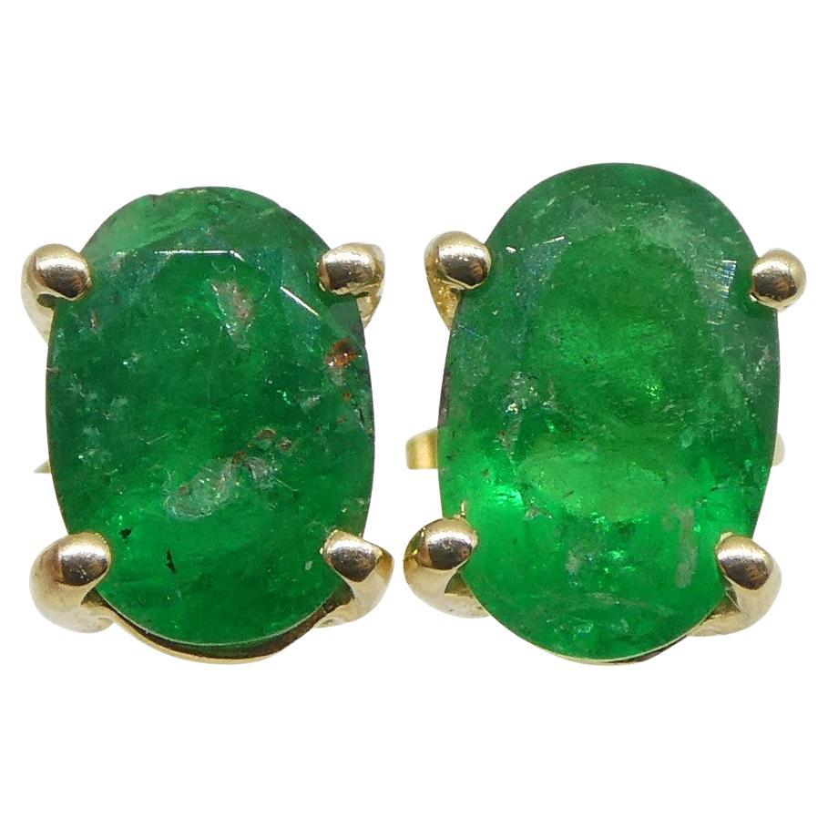 0.94ct Oval Green Colombian Emerald Stud Earrings set in 14k Yellow Gold For Sale