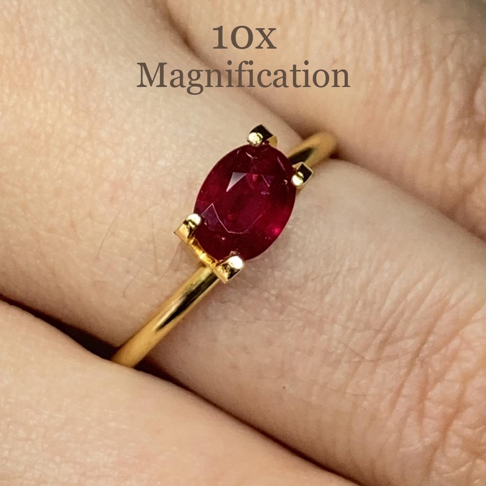 Description:
Gem Type: Ruby
Number of Stones: 1
Weight: 0.94 cts
Measurements: 6.97 x 5.10 x 2.87 mm
Shape: Oval
Cutting Style Crown: Brilliant Cut
Cutting Style Pavilion: Step Cut
Transparency: Transparent
Clarity: Moderately Included: Inclusions