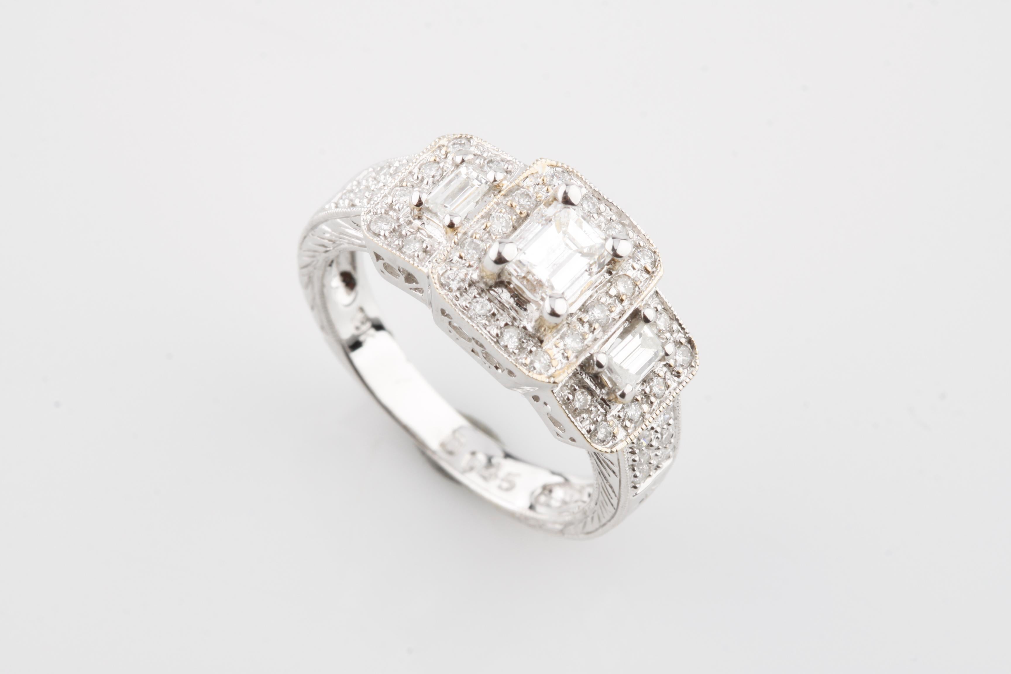 One electronically tested 18KT white gold ladies cast diamond unity ring.
Condition is very good.
Size 6.75
Bright & patterened finish, with a milgrain detailing.
Identified with markings of 