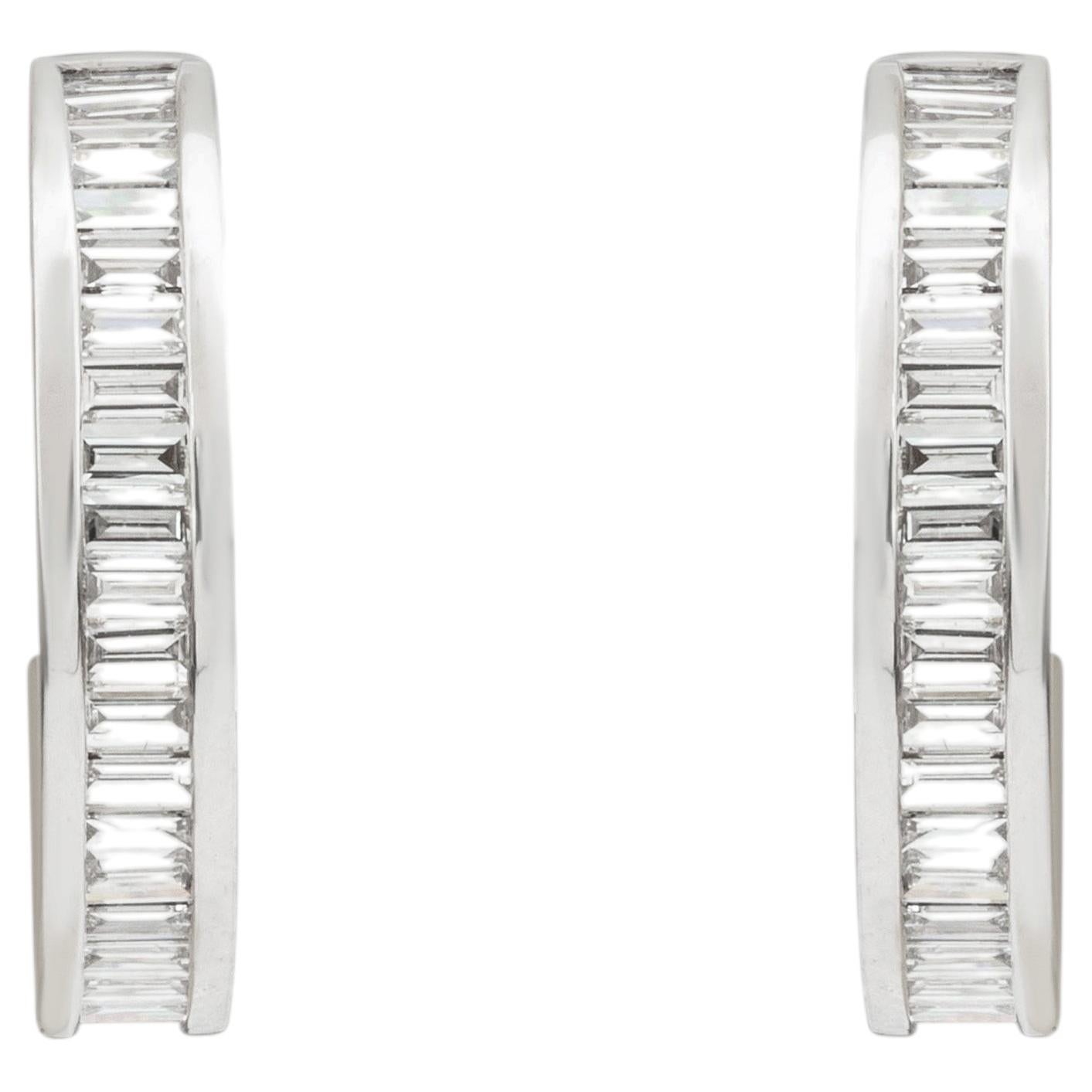 0.95 Carat Baguette Cut Diamond Channel Set Huggie Hoop Earrings in 18K Gold