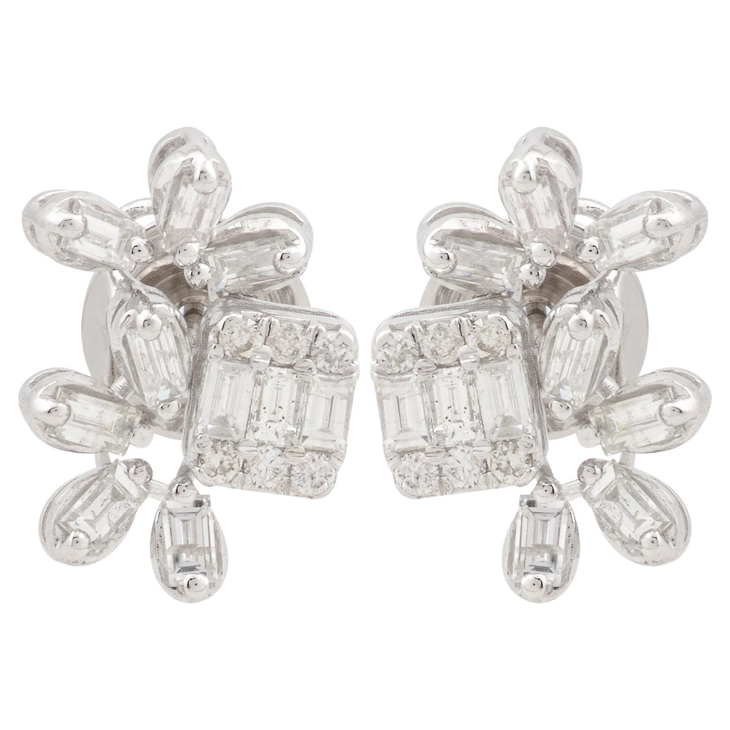0.95 Carat Baguette Diamond Minimalist Stud Earrings 14k White Gold Fine Jewelry