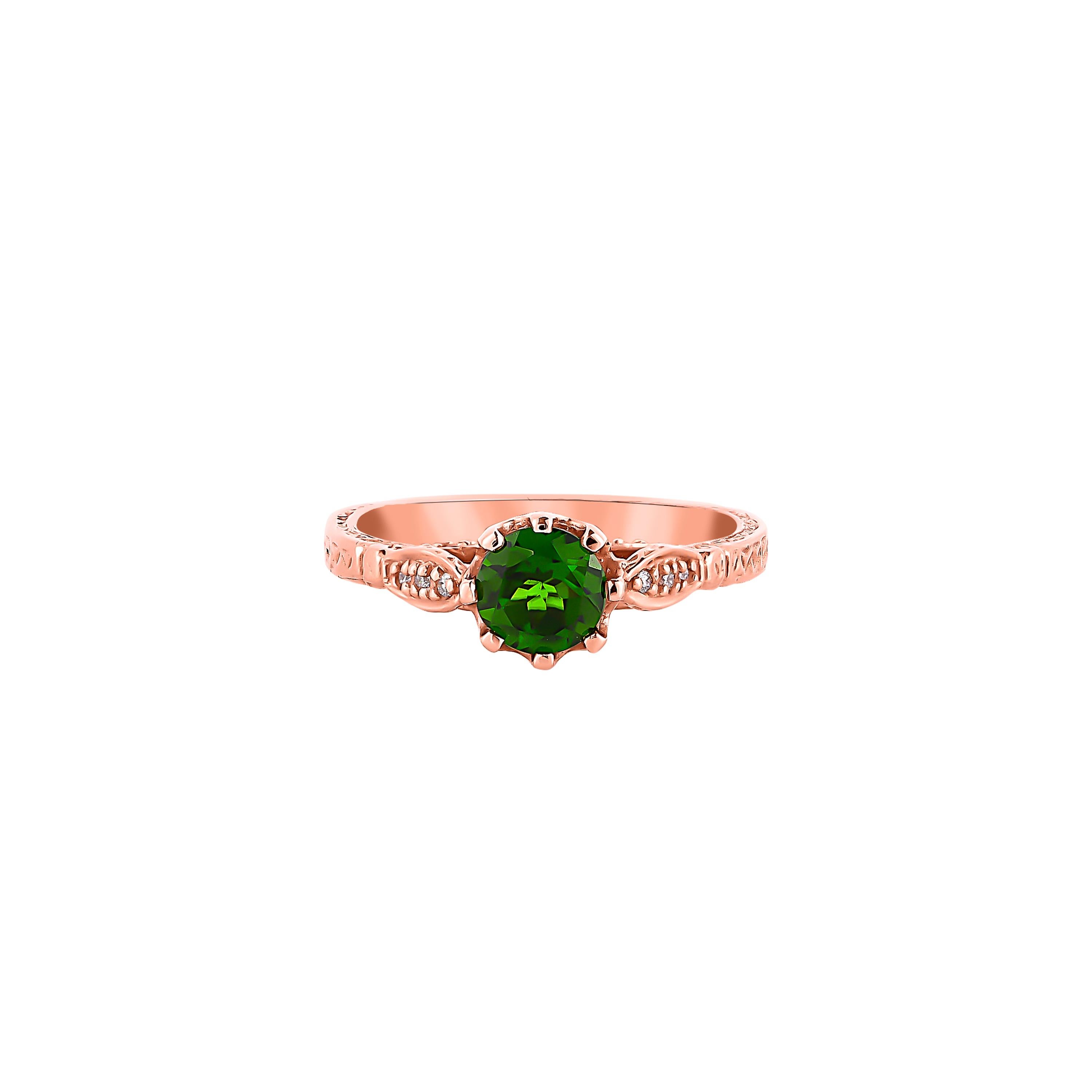 Round Cut 0.95 Carat Chrome Diopside Ring in 14 Karat Rose Gold For Sale