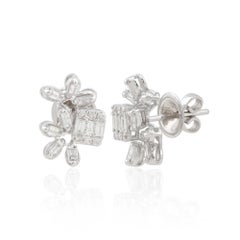 0.95 Carat Clustered Diamond Stud Earrings Gift 14k White Gold Fine Jewelry