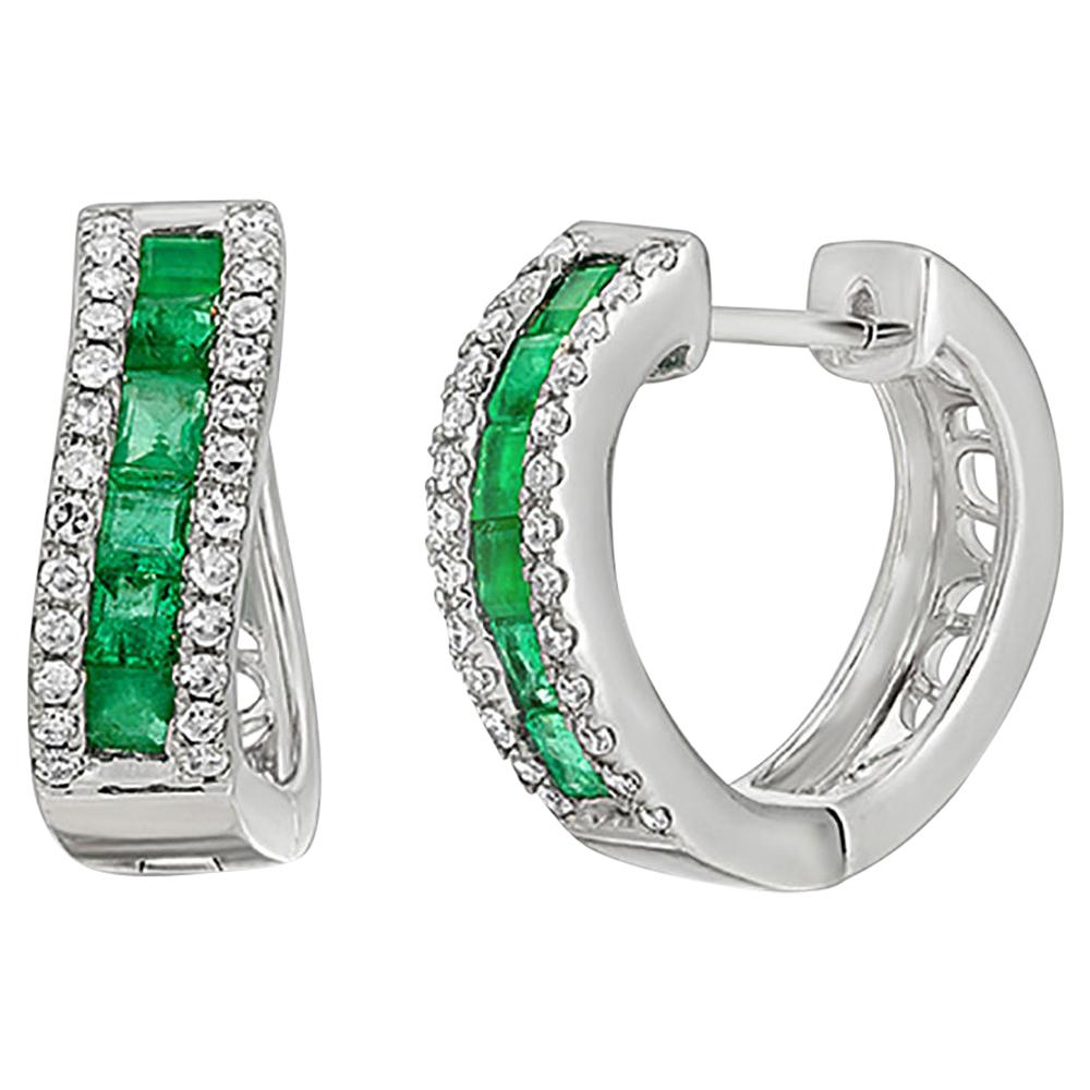 0.95 Carat Colombian Emerald and 0.36 CT Diamonds 14K White Gold Hoop Earrings