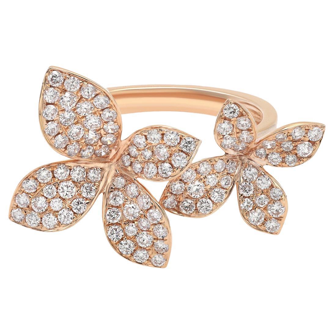 0.95 Carat Diamond Double Flower Statement Ring in 18K Rose Gold For Sale