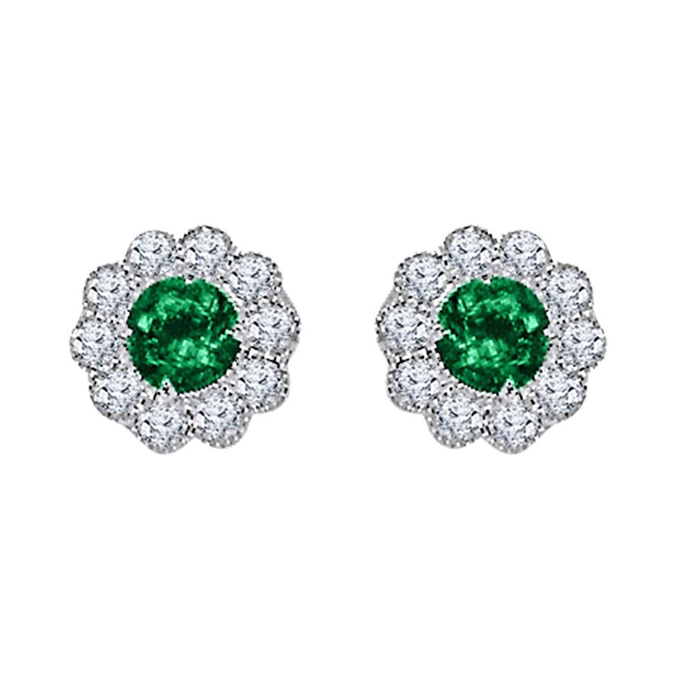 0.95 Carat Emerald and 0.52 Ct Natural Diamond Milgrain Flower Earrings ref1587 For Sale