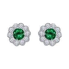 0.95 Carat Emerald and 0.52 Ct Natural Diamond Milgrain Flower Earrings ref1587