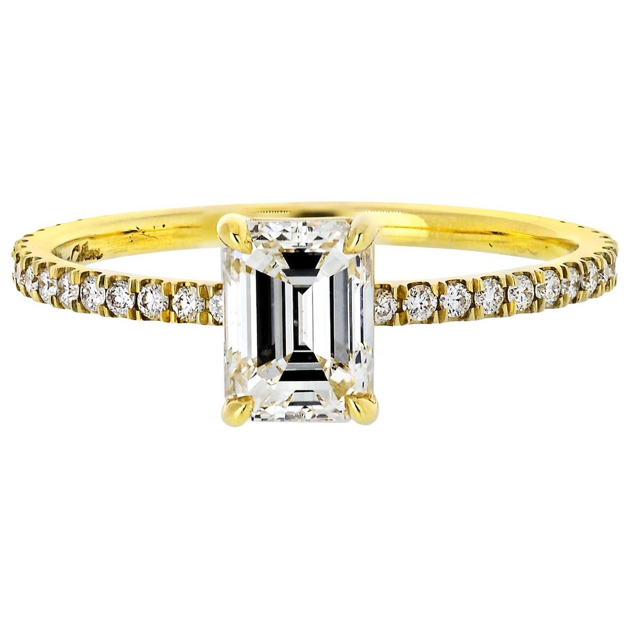 0.95 Carat Emerald Cut Diamond Pave Setting Engagement Ring For Sale