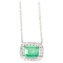 0.95 Carat Emerald Cut Emerald Diamond Accents 18K White Gold Pendant