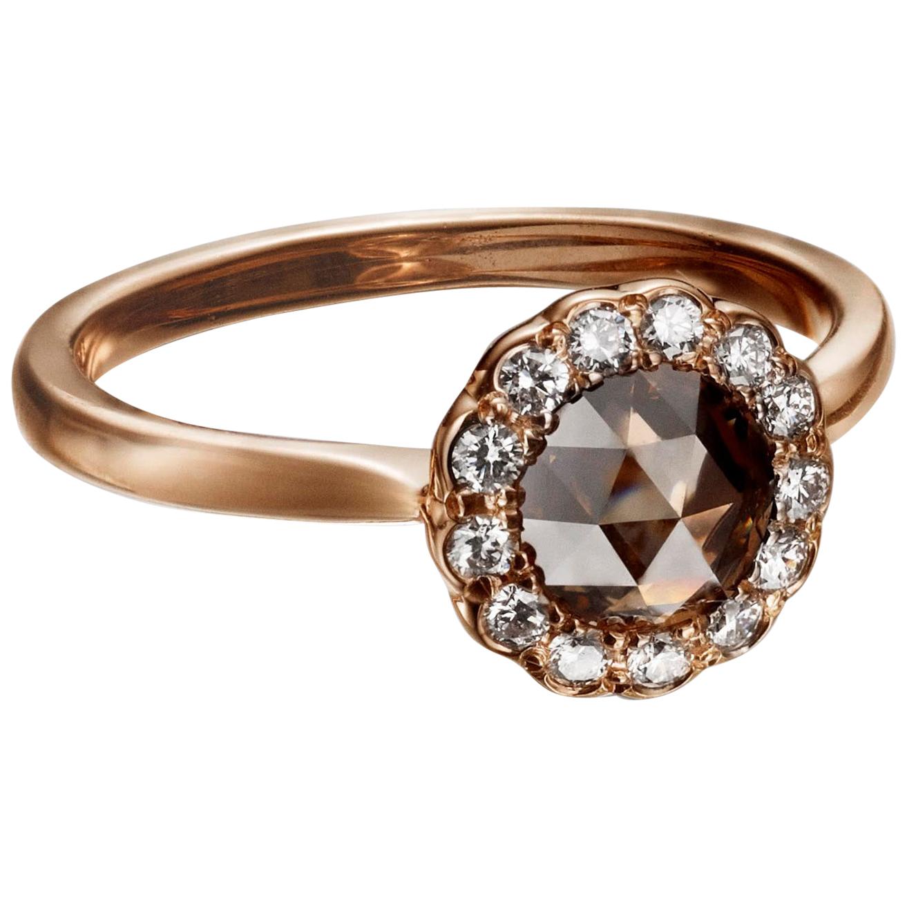 0.95 Carat Fancy Brown Rose Cut Diamond Halo Ring in 18 Karat Rose Gold For Sale