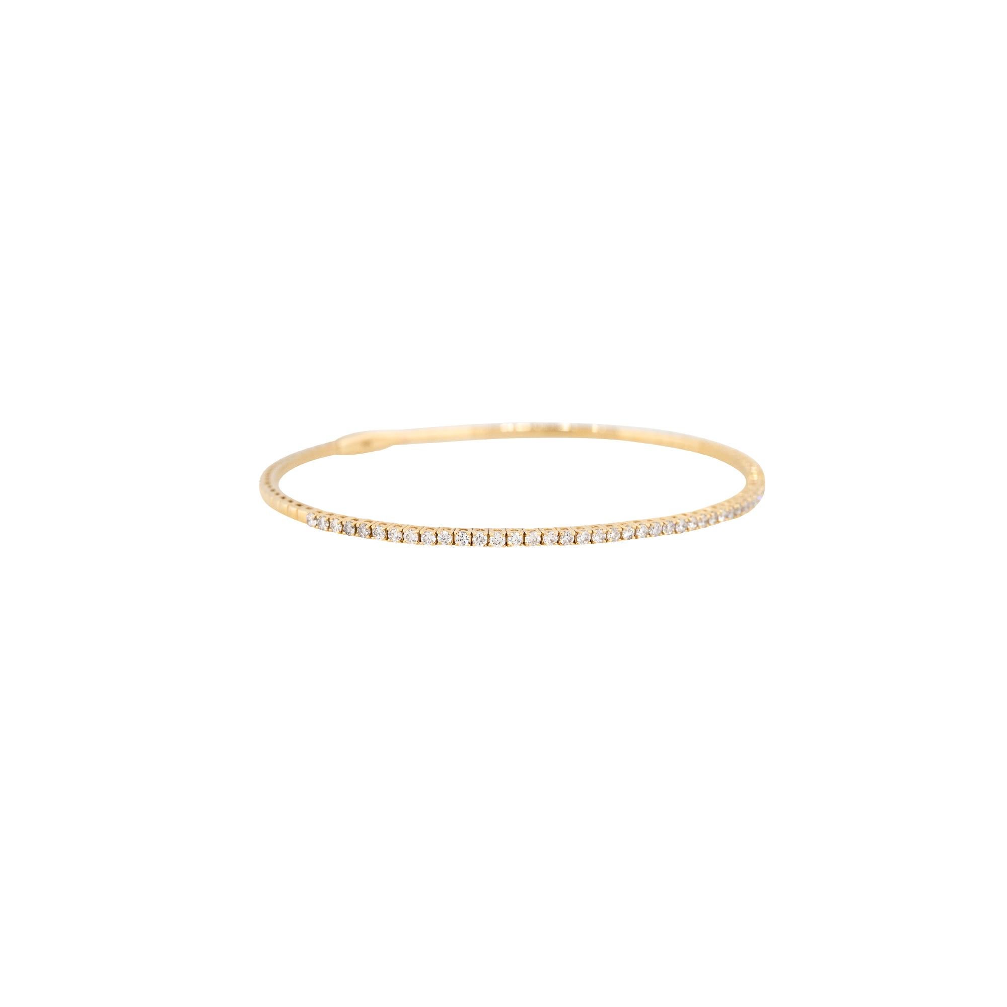 14k Yellow Gold 0.95ctw Flexible Diamond Stackable Bangle Bracelet

Material: 14k Yellow Gold
Diamond Details: Approximately 0.95ctw of Round Brilliant Diamonds. There are 51 Diamonds total. Diamonds are approximately G/H in Color and SI in
