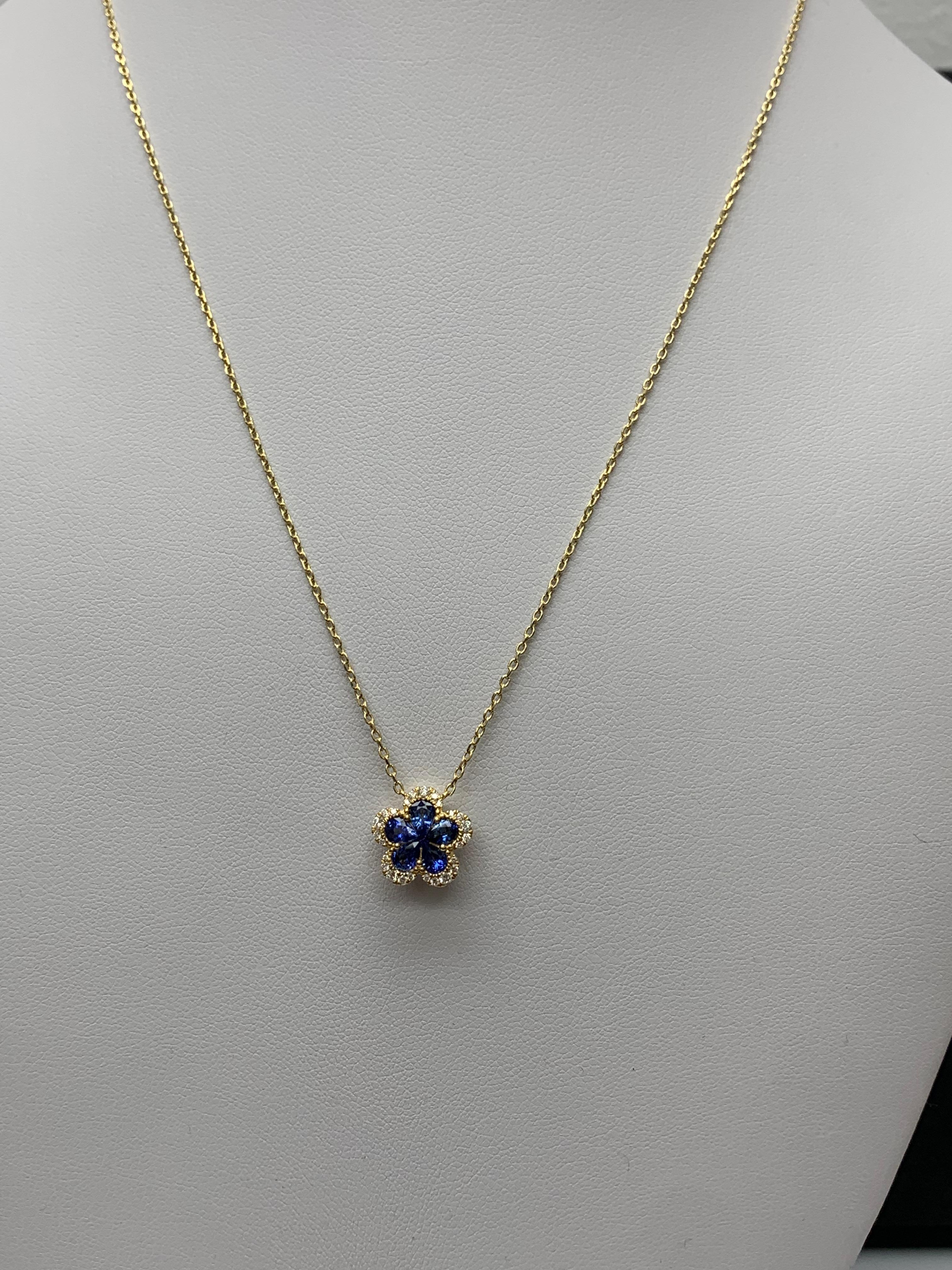 Collier pendentif saphir et diamant en or jaune 18 carats 0,95 carat Flower en vente 2