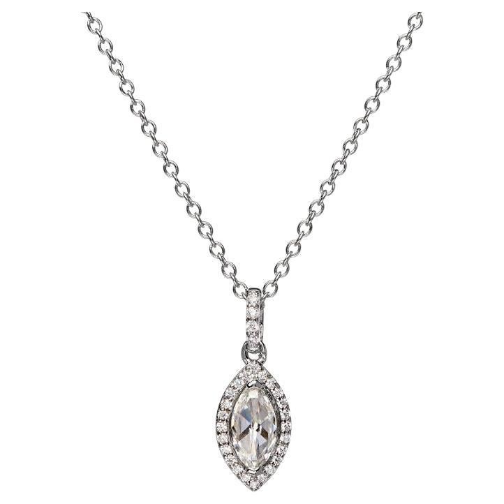 0.95 Carat Halo Set Marquise Cubic Zirconia Sterling Silver Pendant With Chain For Sale