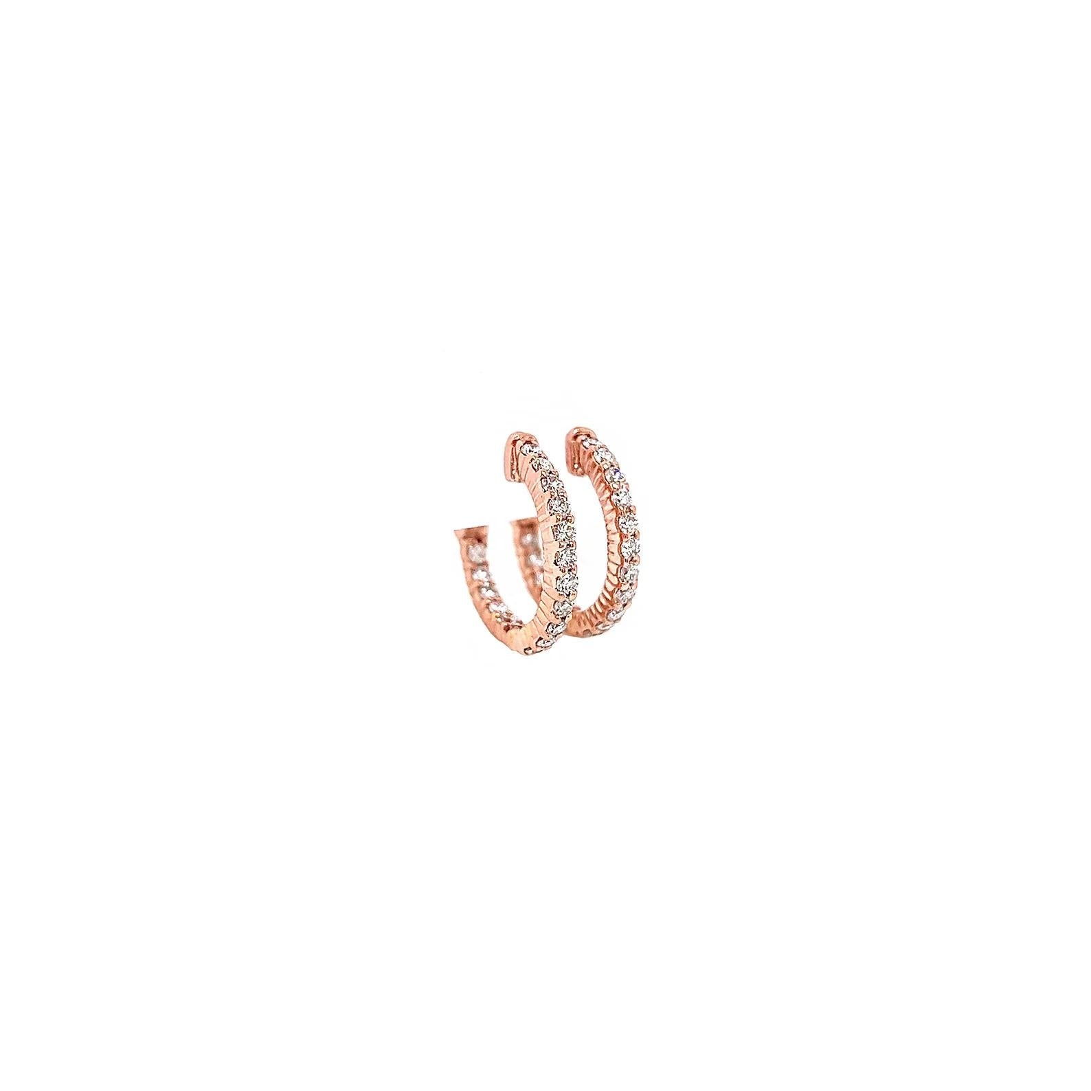 0.95 Carat Ladies Pave-Set Hoop Earrings in Rose Gold In New Condition For Sale In New York, NY