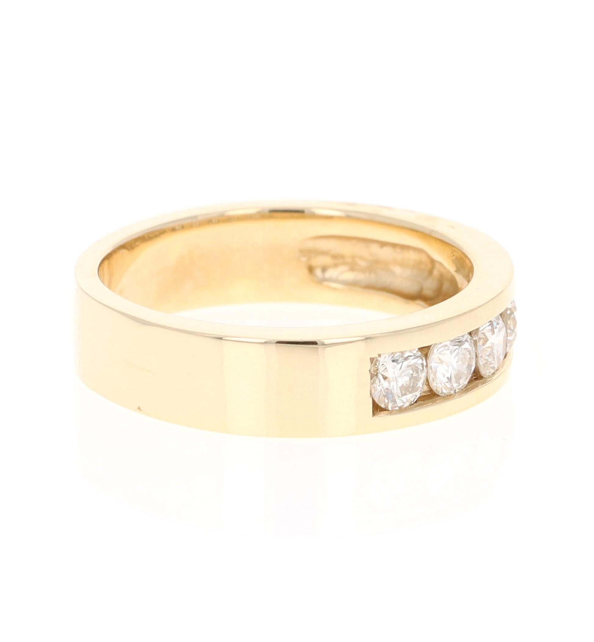 We have a Men's Collection of Fine Jewelry! Beautiful, Bold, Masculine and Simple Men's Wedding Rings/Bands. 

This Men's Band has 5 Round Cut Diamonds that weigh 0.95 Carats. It is crafted in 14 Karat Yellow Gold and weighs approximately 7.3 grams.