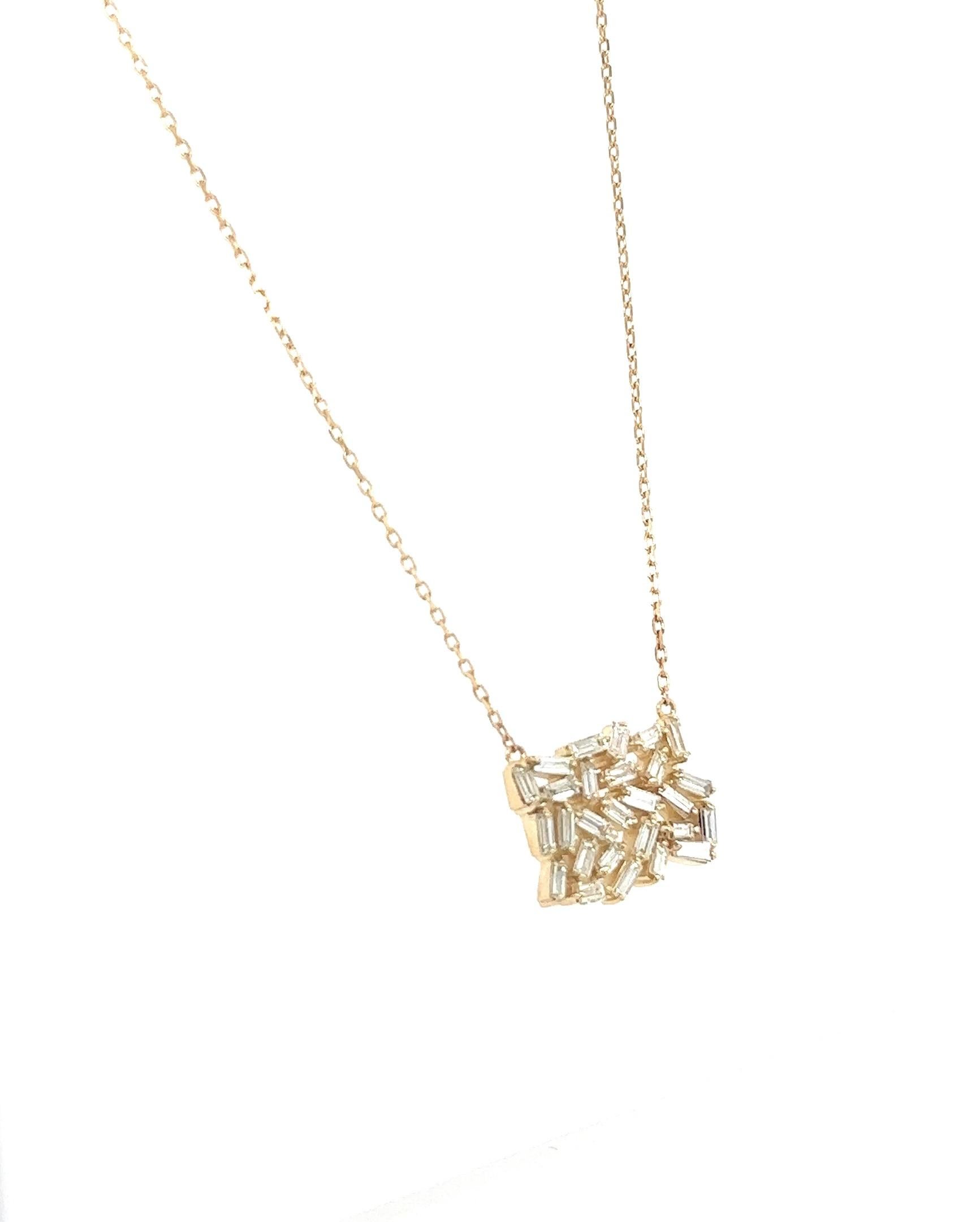 This necklace has Natural Tapered Baguette Cut Diamonds that weigh 0.95 carats. The clarity and color is: VS-I. 

The necklace is 16 inches long. 

The shape of the necklace is of a rectangle and sits very well. 

Curated in 14 Karat Yellow Gold and