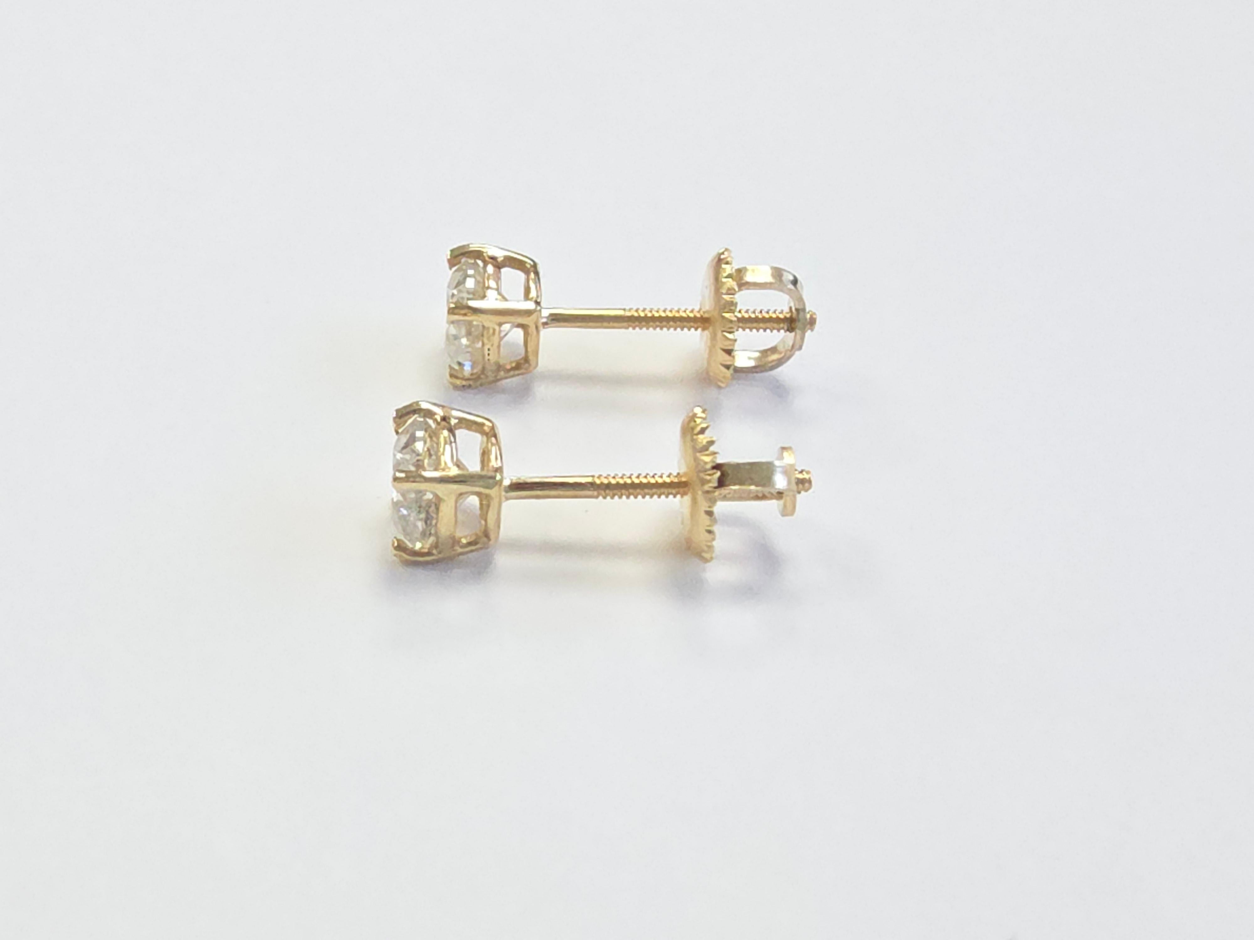 0.95 Carat Natural Brilliant Round Diamond Studs Yellow Gold 14 Karat In New Condition For Sale In Great Neck Plaza, NY