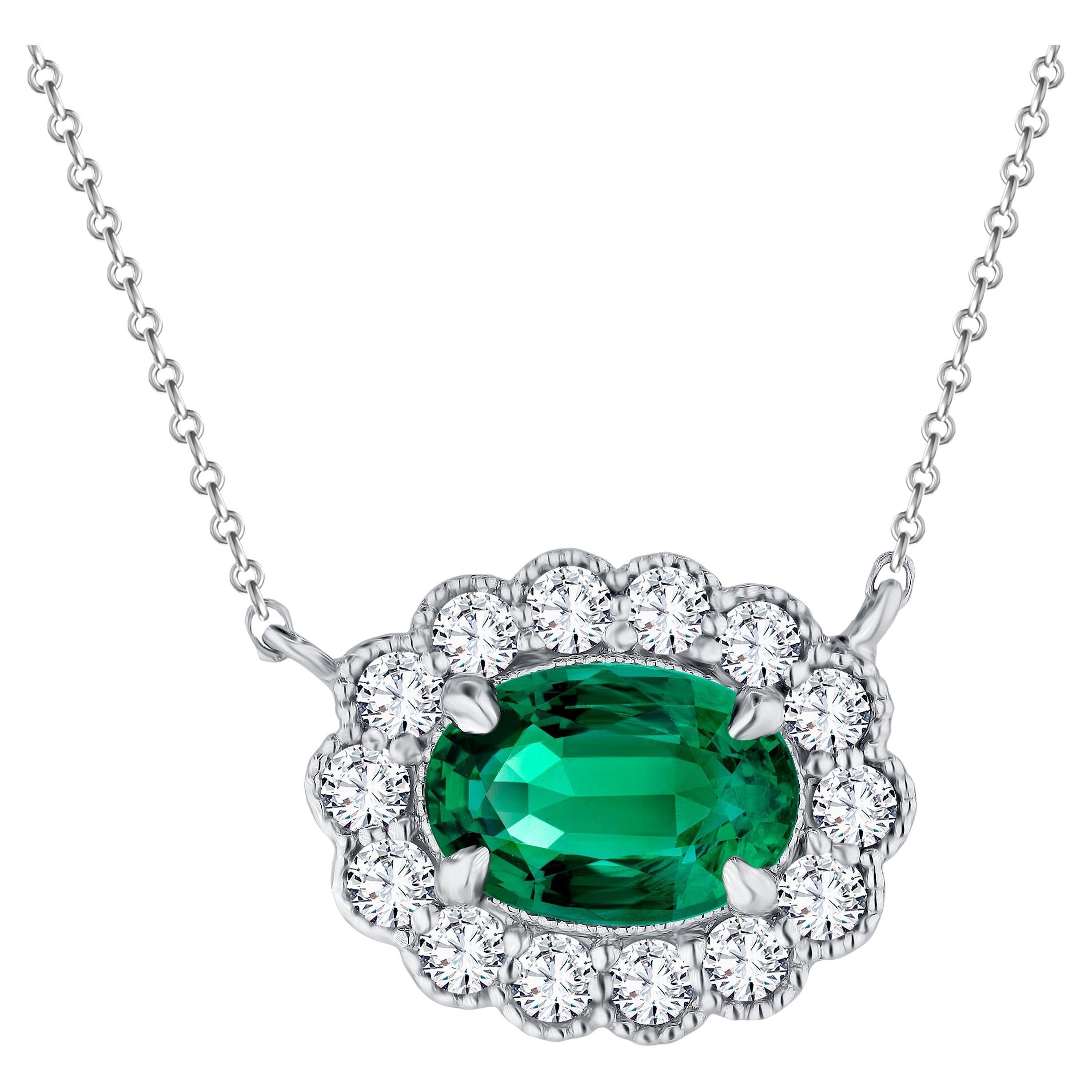 0.95 Carat Oval Emerald Pendant with 0.4 ct Diamond Halo in 18k White ref933