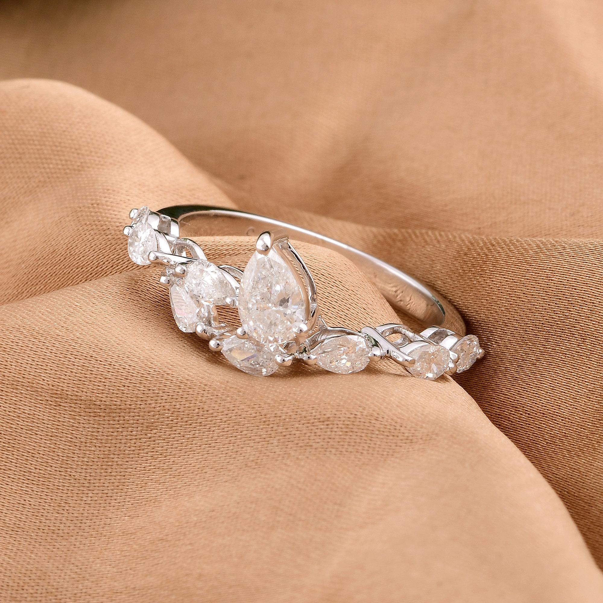 Women's 0.95 Carat Pear & Marquise Diamond Ring 18 Karat White Gold Handmade Jewelry For Sale