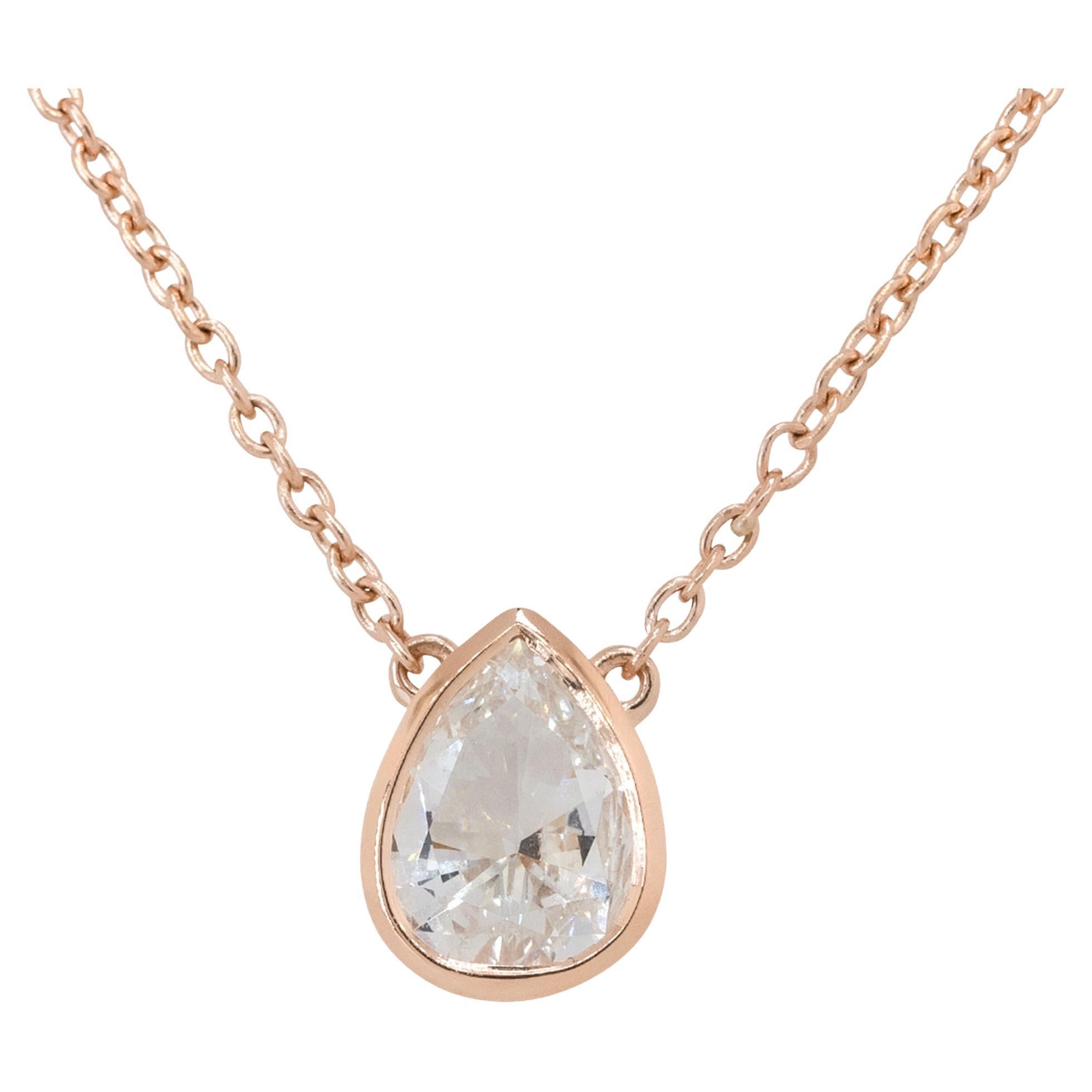 0.95 Carat Pear Shape Diamond Pendant Necklace 14 Karat in Stock For Sale