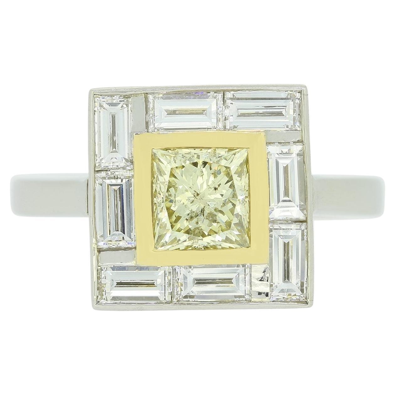 0.95 Carat Princess Cut Yellow Diamond Art Deco Style Ring