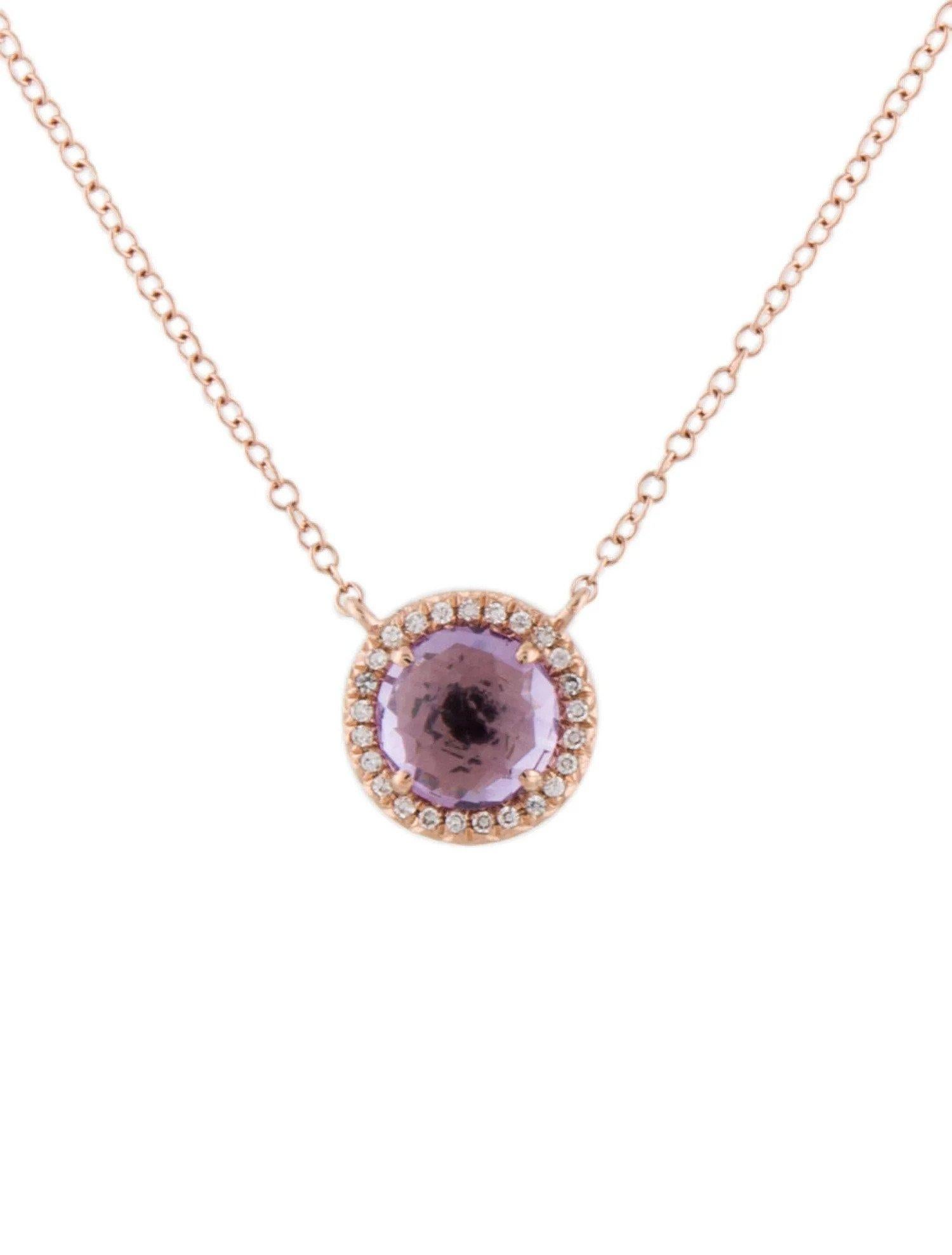 This Amethyst & Diamond Pendant is a stunning and timeless accessory that can add a touch of glamour and sophistication to any outfit. 

This pendant features a 0.95 Carat Round Pink Amethyst, with a Diamond Halo comprised of 0.06 Carats of Single