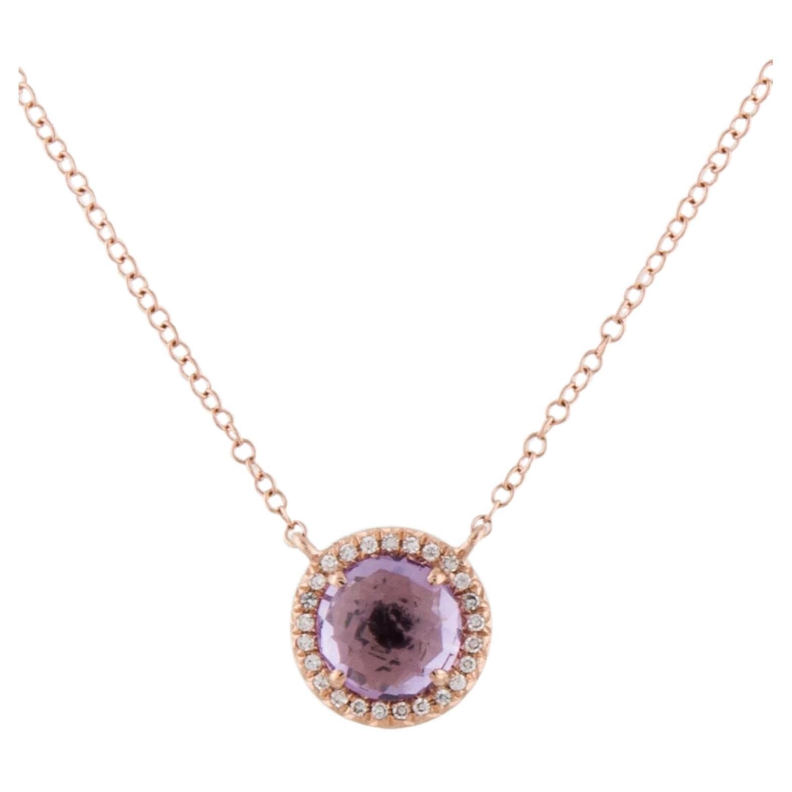 0.95 Carat Round Amethyst & Diamond Rose Gold Pendant Necklace  For Sale