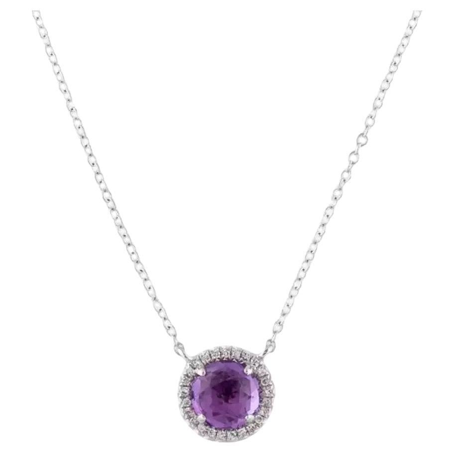 0.95 Carat Round Amethyst & Diamond White Gold Pendant Necklace  For Sale