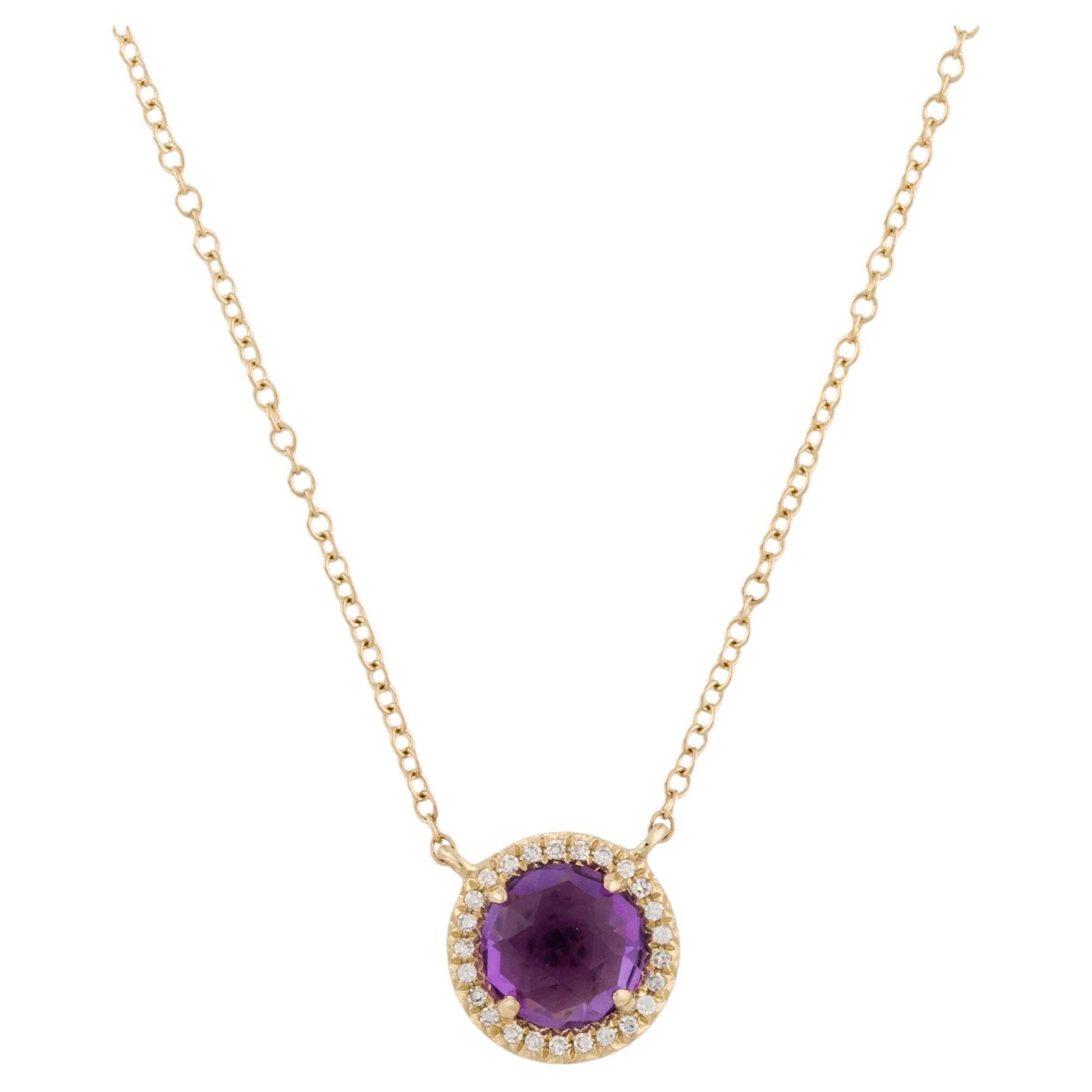 0.95 Carat Round Amethyst & Diamond Yellow Gold Pendant Necklace  For Sale