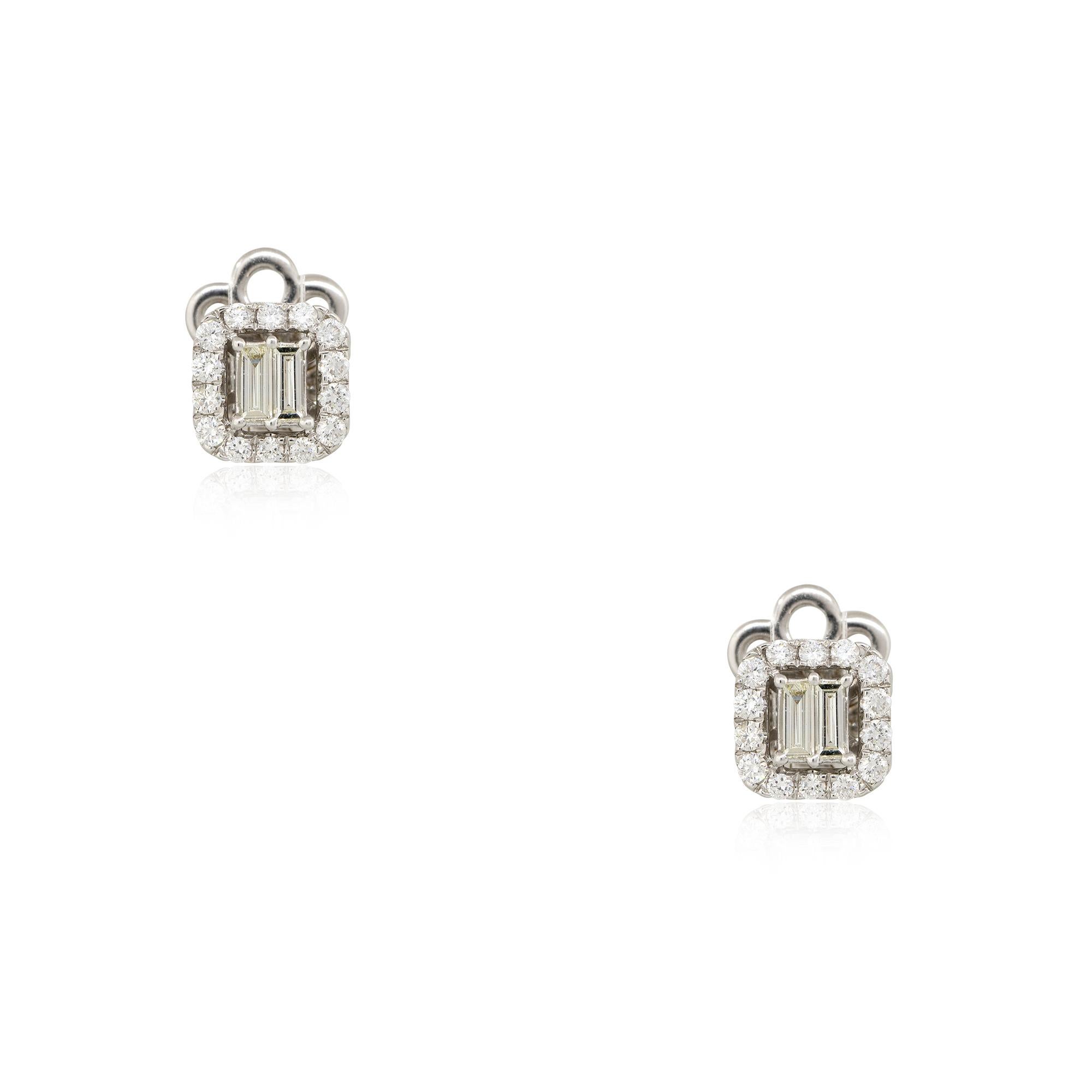 14k White Gold 0.95ct Round Brilliant & Baguette Cut Diamond Square Earrings

Product: Diamond Square Earrings
Material: 14k White Gold
Diamond Details: There are approximately 0.95 carats of round brilliant and baguette-cut diamonds
Diamond