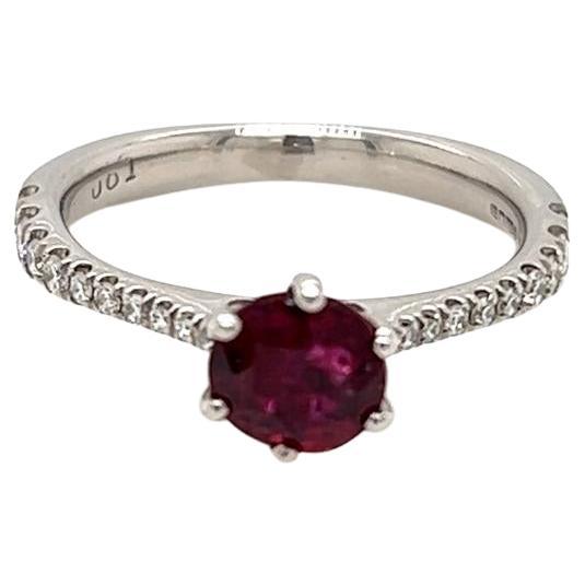 0.95 Carat Round Brilliant Ruby and Diamond Ring in Platinum  For Sale