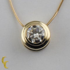 0.95 Carat Round Diamond Bezel Set Solitaire 14 Karat Gold Pendant Necklace