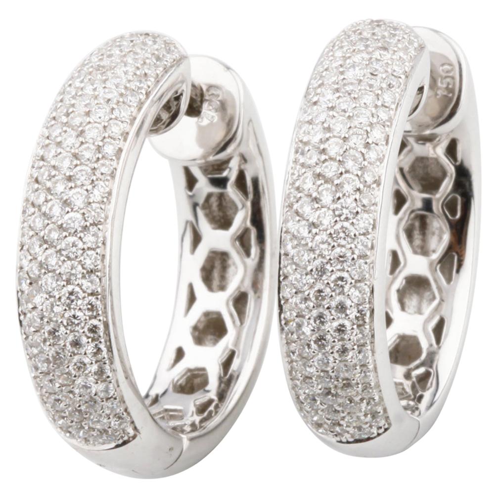 0.95 Carat Round Diamond Pave Hoop Earrings in White Gold with Certificate