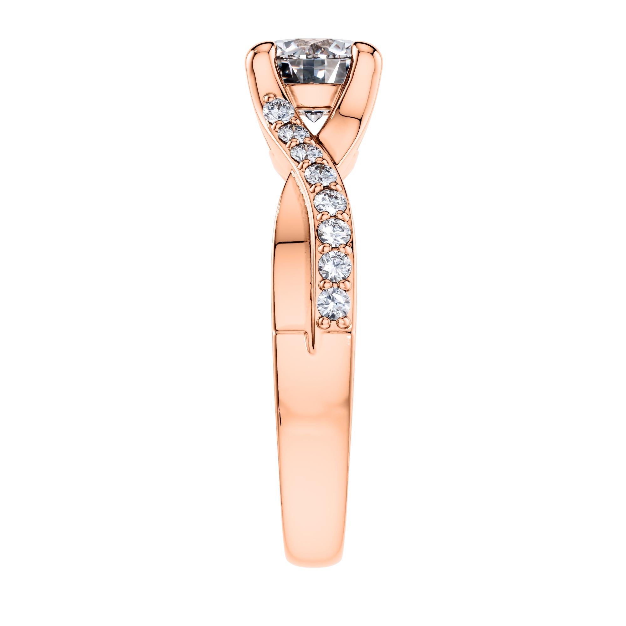 For a beautifully entwined journey together, this gleaming twisted vine modern classic engagement ring. Handmade in 18 Karat Rose Gold, with a total of 0.95 Carat White Diamond. Set in an open gallery 4 prong mount with a split shank that has one