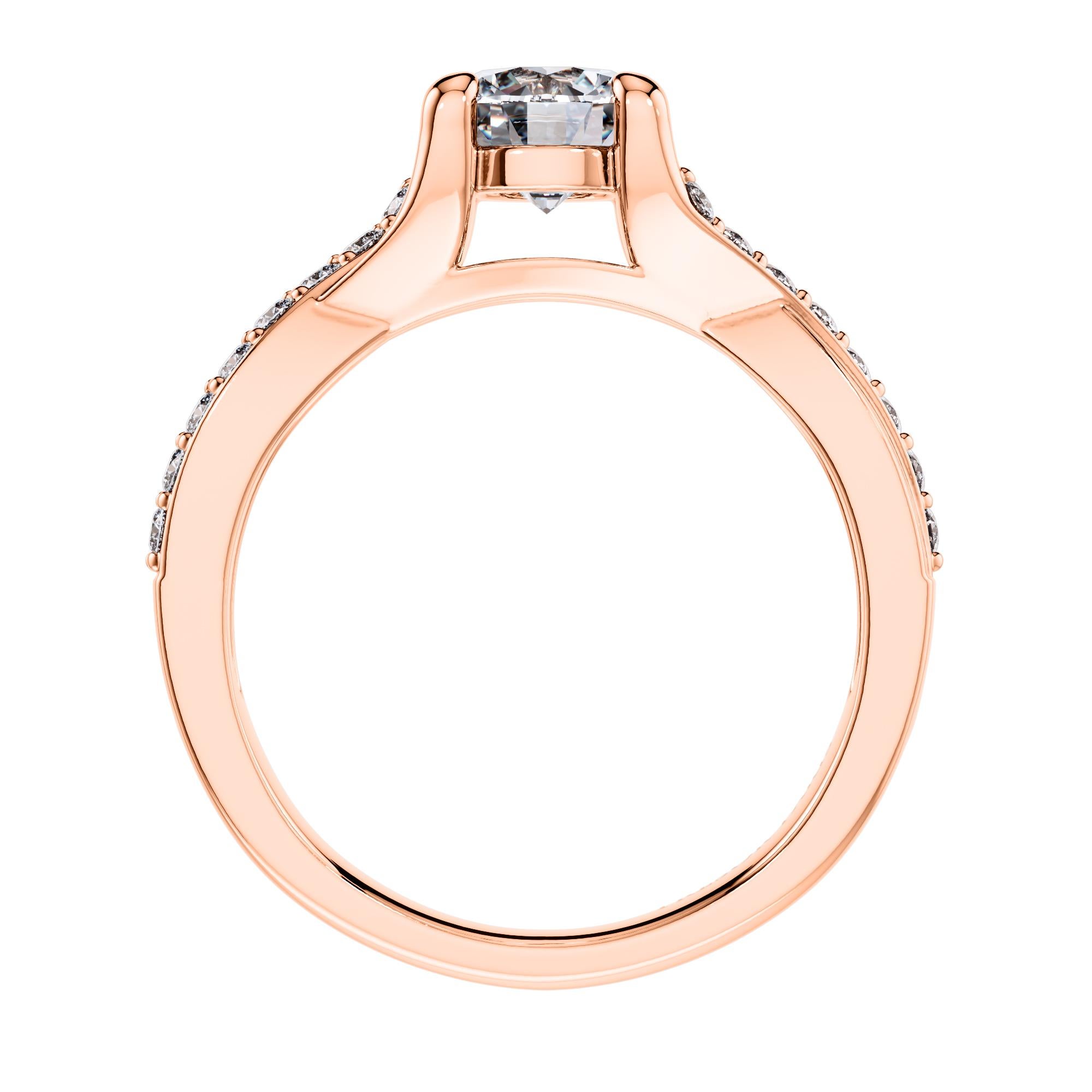 Modern 0.95 Carat Round Diamond Twisted 18 Karat Rose Gold 4 Prong Love Engagement Ring For Sale