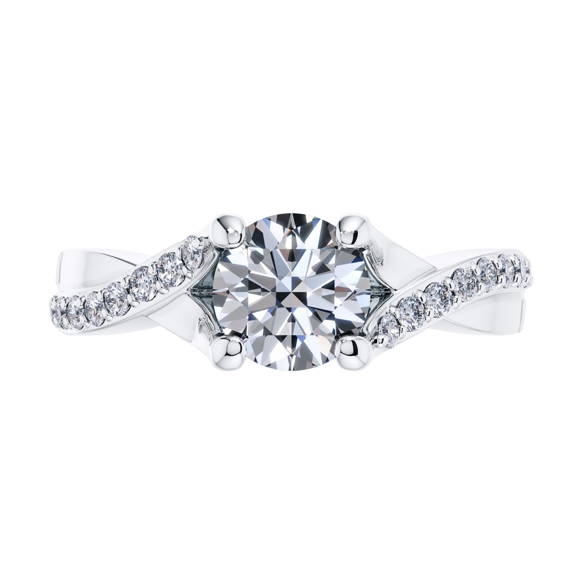 For a beautifully entwined journey together, this gleaming twisted vine modern classic engagement ring. Handmade in 18 Karat White Gold, with a total of 0.95 Carat White Diamond. Set in an open gallery 4 prong mount with a split shank that has one