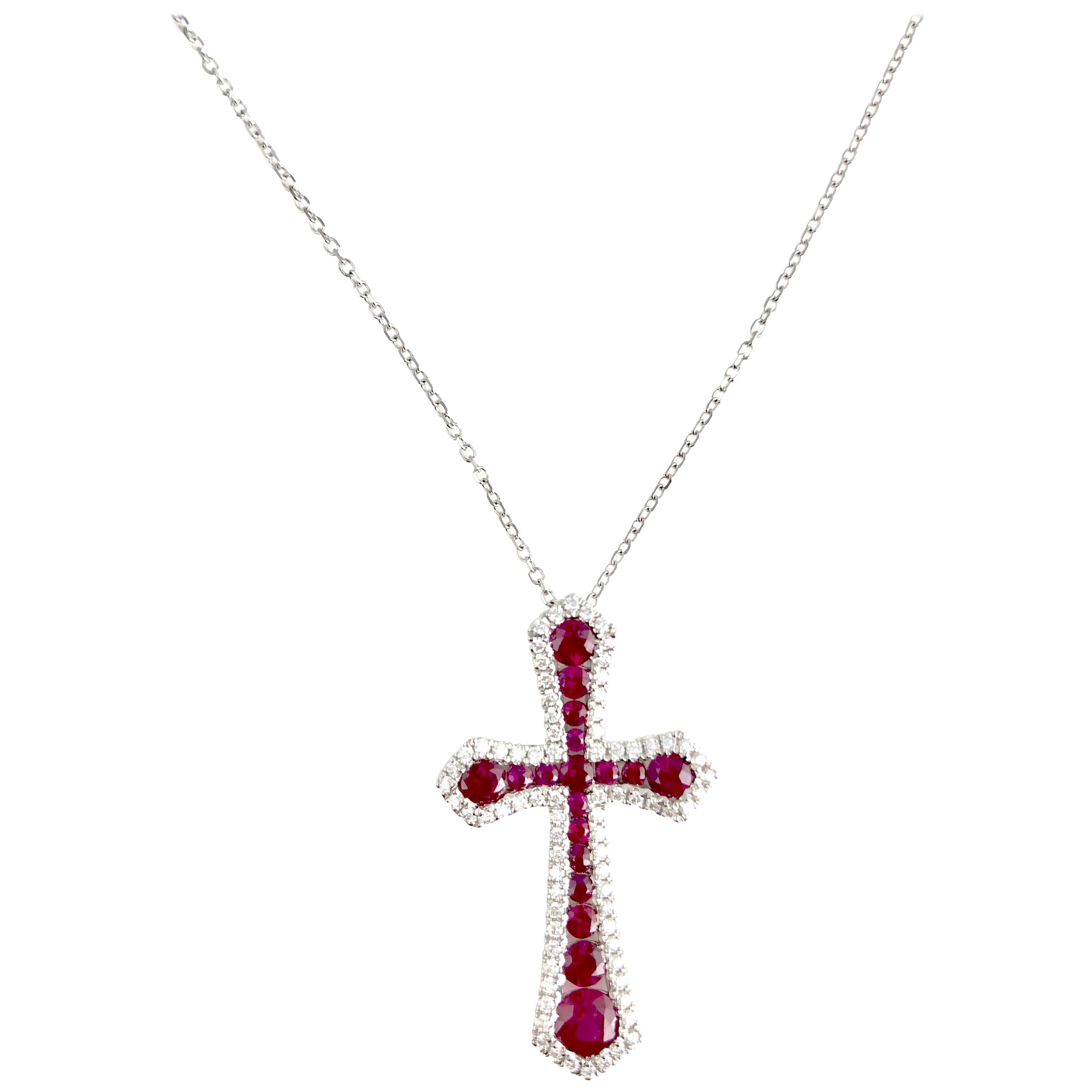 0.95 Carat Fine Ruby and Diamond Cross in 18k White Gold by Diamond Town