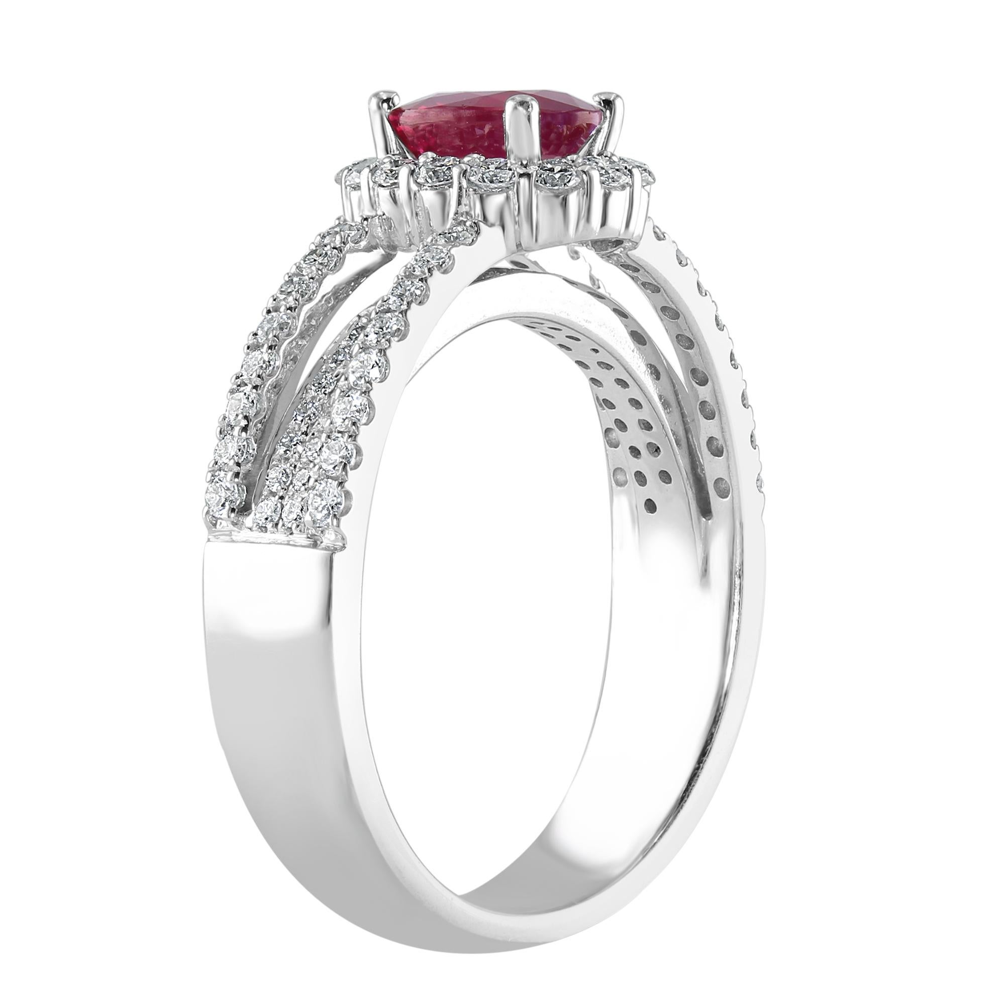 Oval Cut 0.95 Carat Ruby and Diamond White Gold Cocktail Ring For Sale