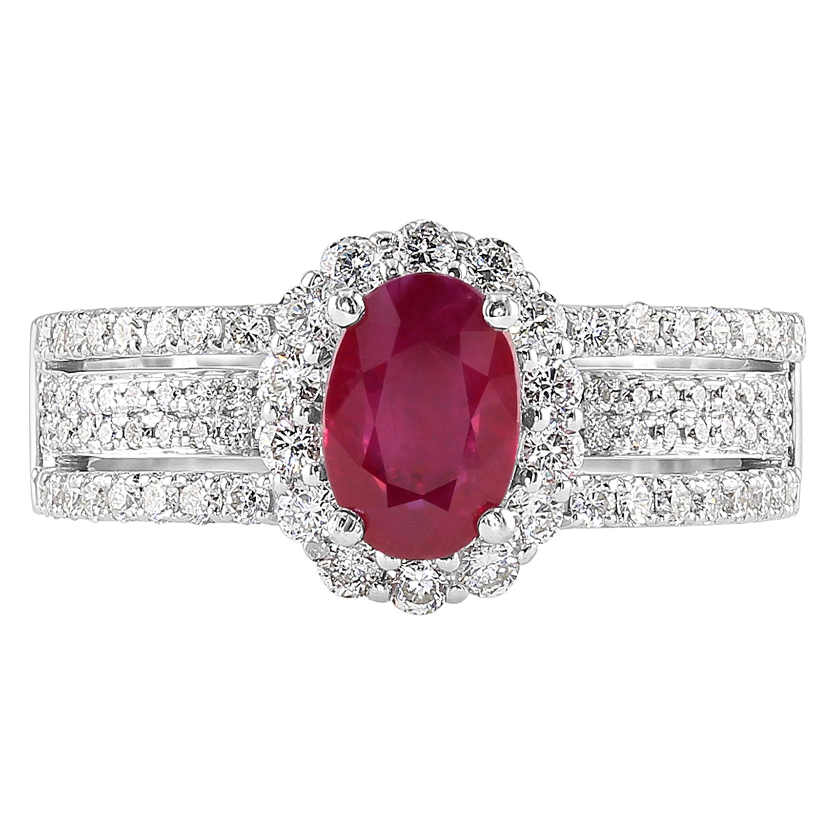 0.95 Carat Ruby and Diamond White Gold Cocktail Ring For Sale