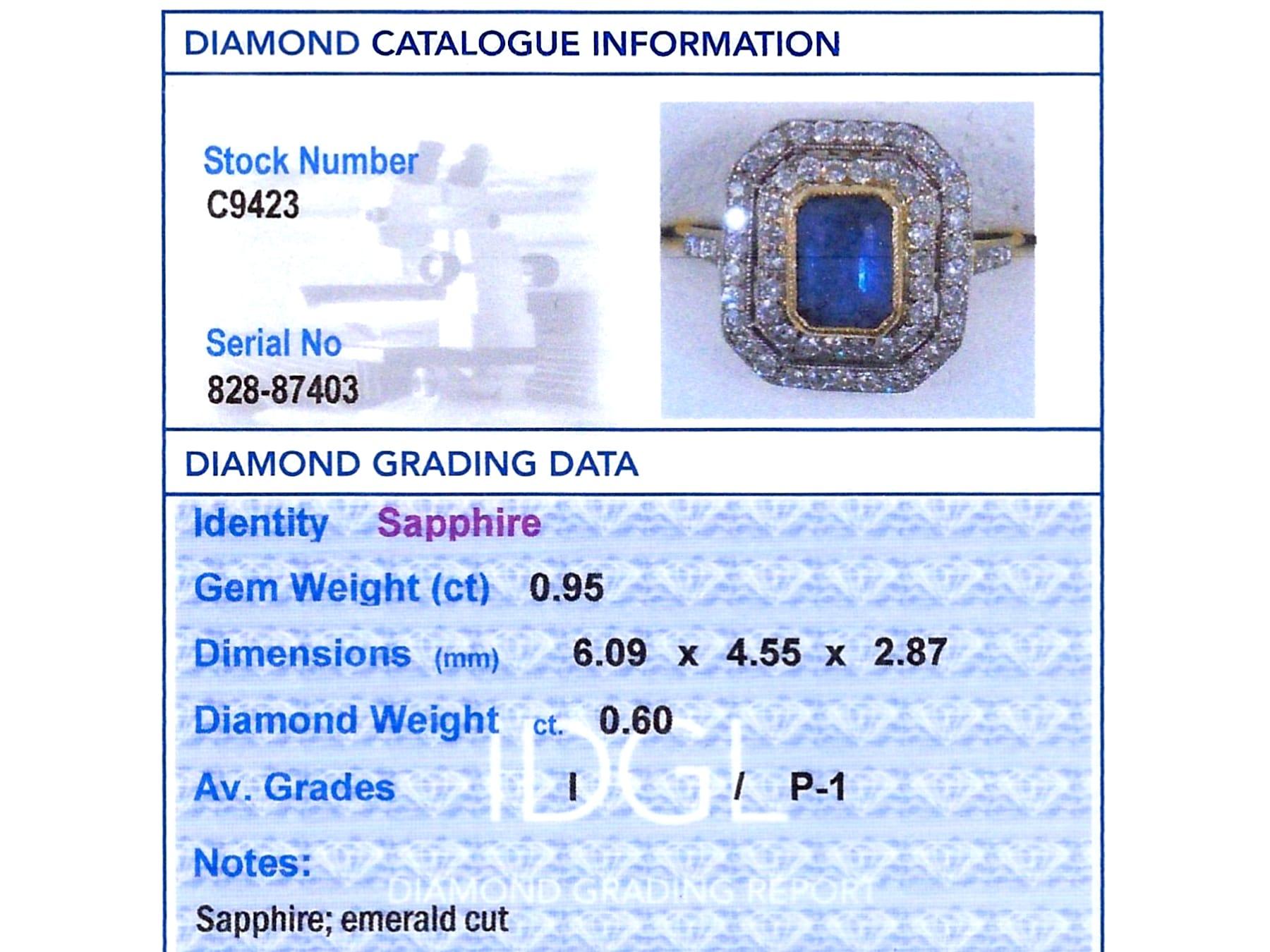 Zaffiro da 0,95 carati e diamante da 0,60 carati, anello aureola in oro giallo 18 carati Circa 1940 in vendita 5