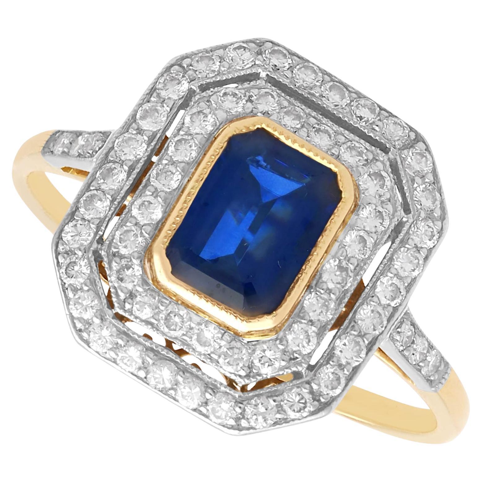 0.95 Carat Sapphire 0.60 Carat Diamond, 18k Yellow Gold Halo Ring Circa 1940