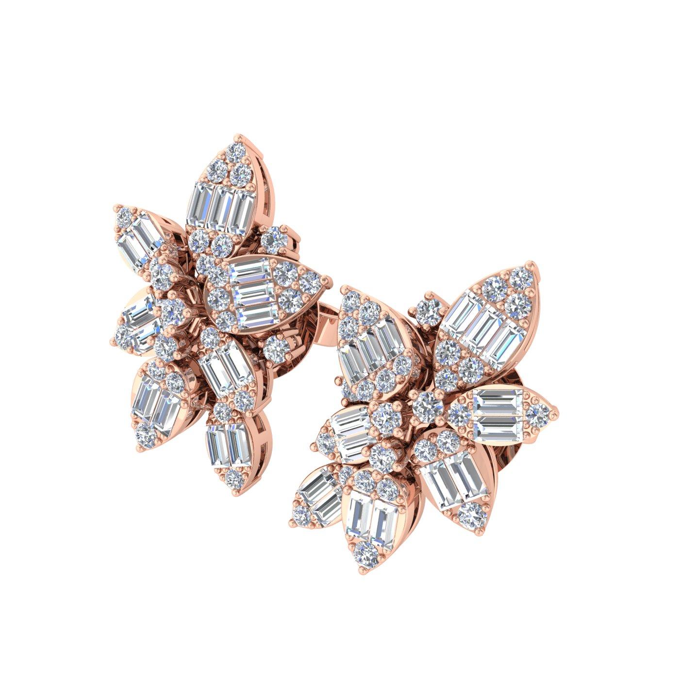 Delight in the elegance of these Floral Design Diamond Earrings, crafted in 18 Karat Rose Gold. Adorned with 0.95 carats of natural diamonds with an average clarity of SI1-SI2 and a color grade of H-I, these earrings combine round and baguette-cut