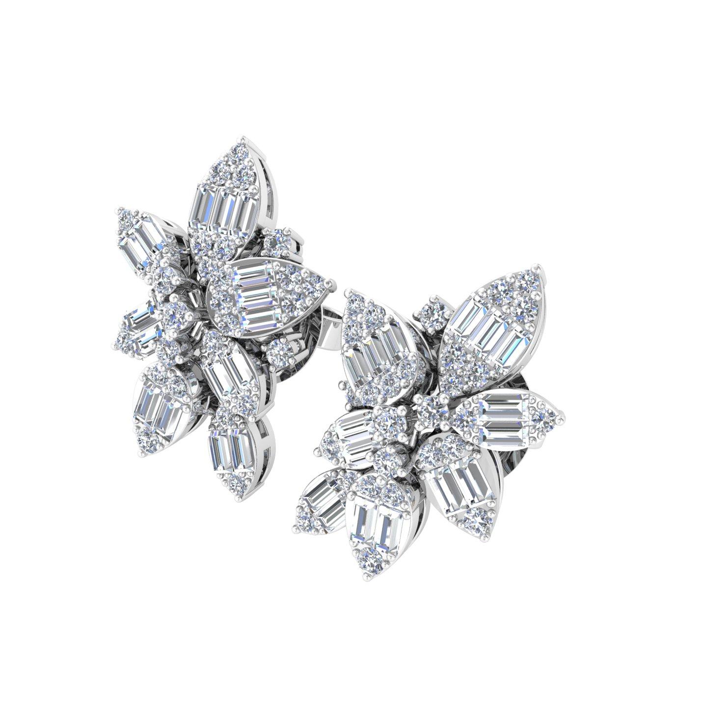 Delight in the elegance of these Floral Design Diamond Earrings, crafted in 18 Karat White Gold. Adorned with 0.95 carats of natural diamonds with an average clarity of SI1-SI2 and a color grade of H-I, these earrings combine round and baguette-cut